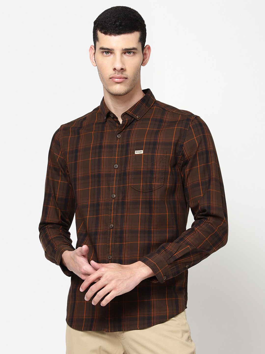 Wrangler Men Brown Tartan Checks Checked Casual Shirt