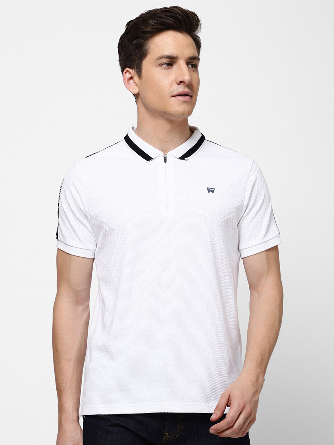 Wrangler Men White & Black Cotton Polo Collar T-shirt