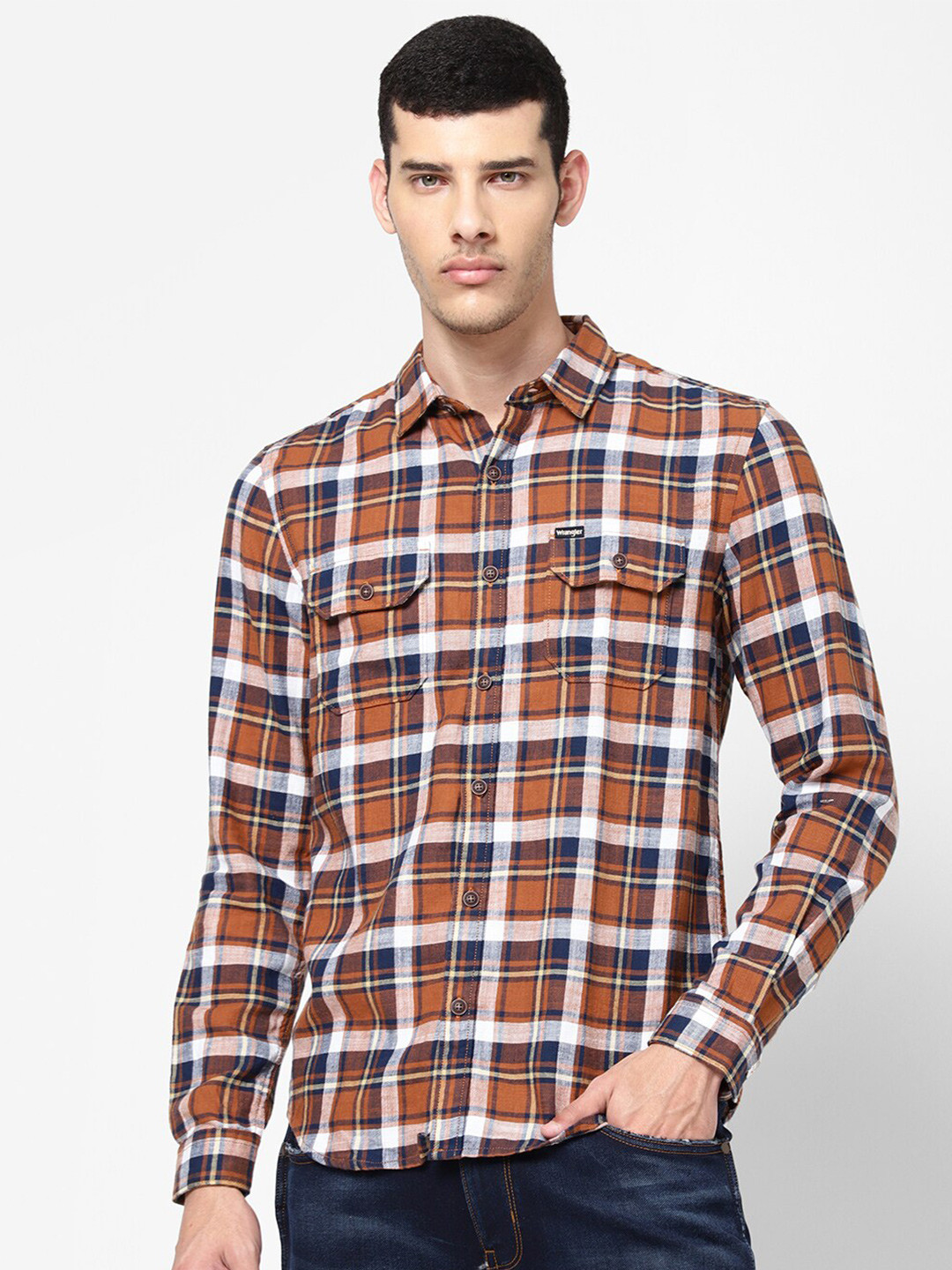 Wrangler Men Brown Tartan Checks Casual Shirt