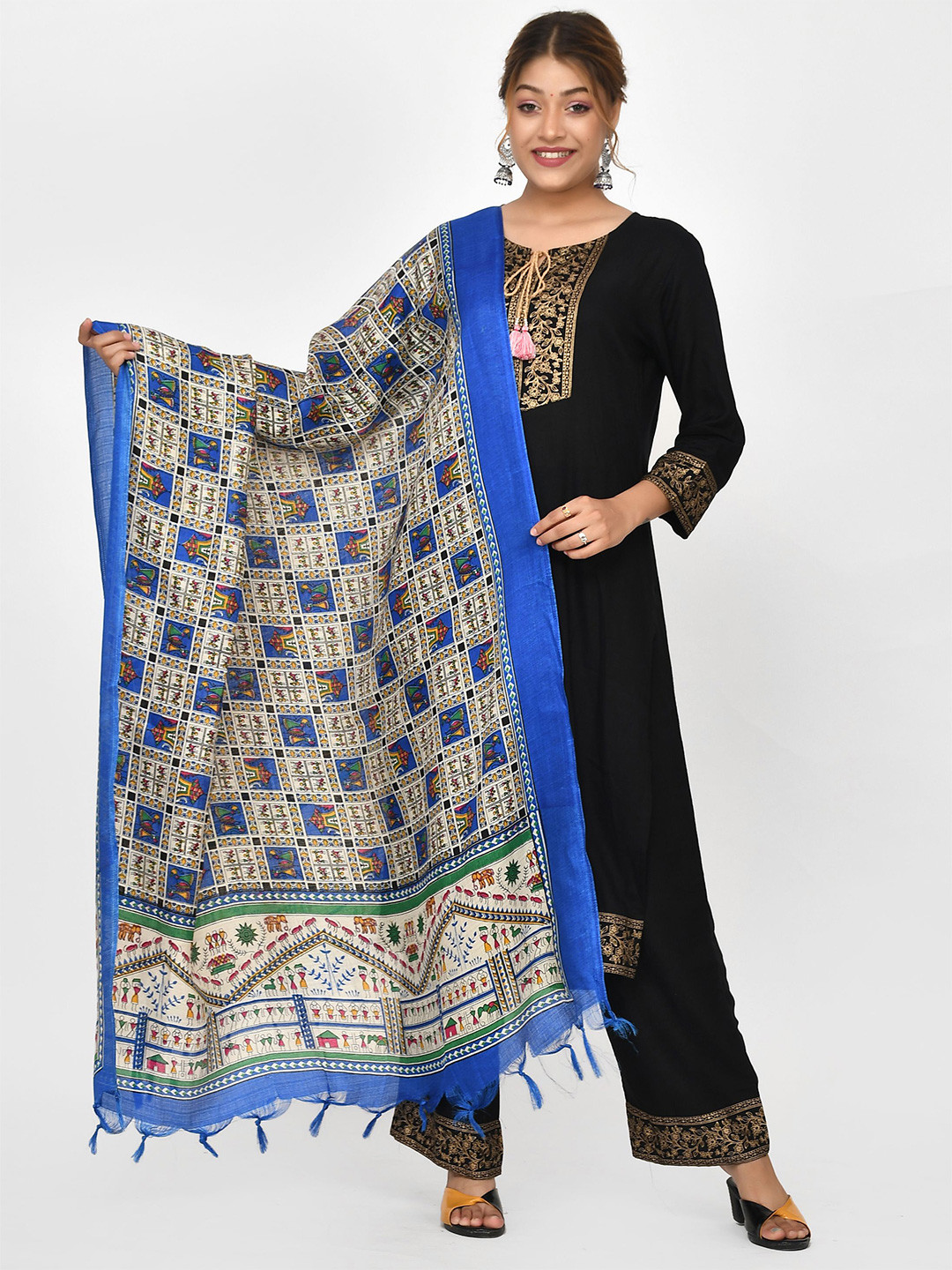 Kesarya Blue & White Ethnic Motifs Printed Cotton Silk Kalamkari Dupatta