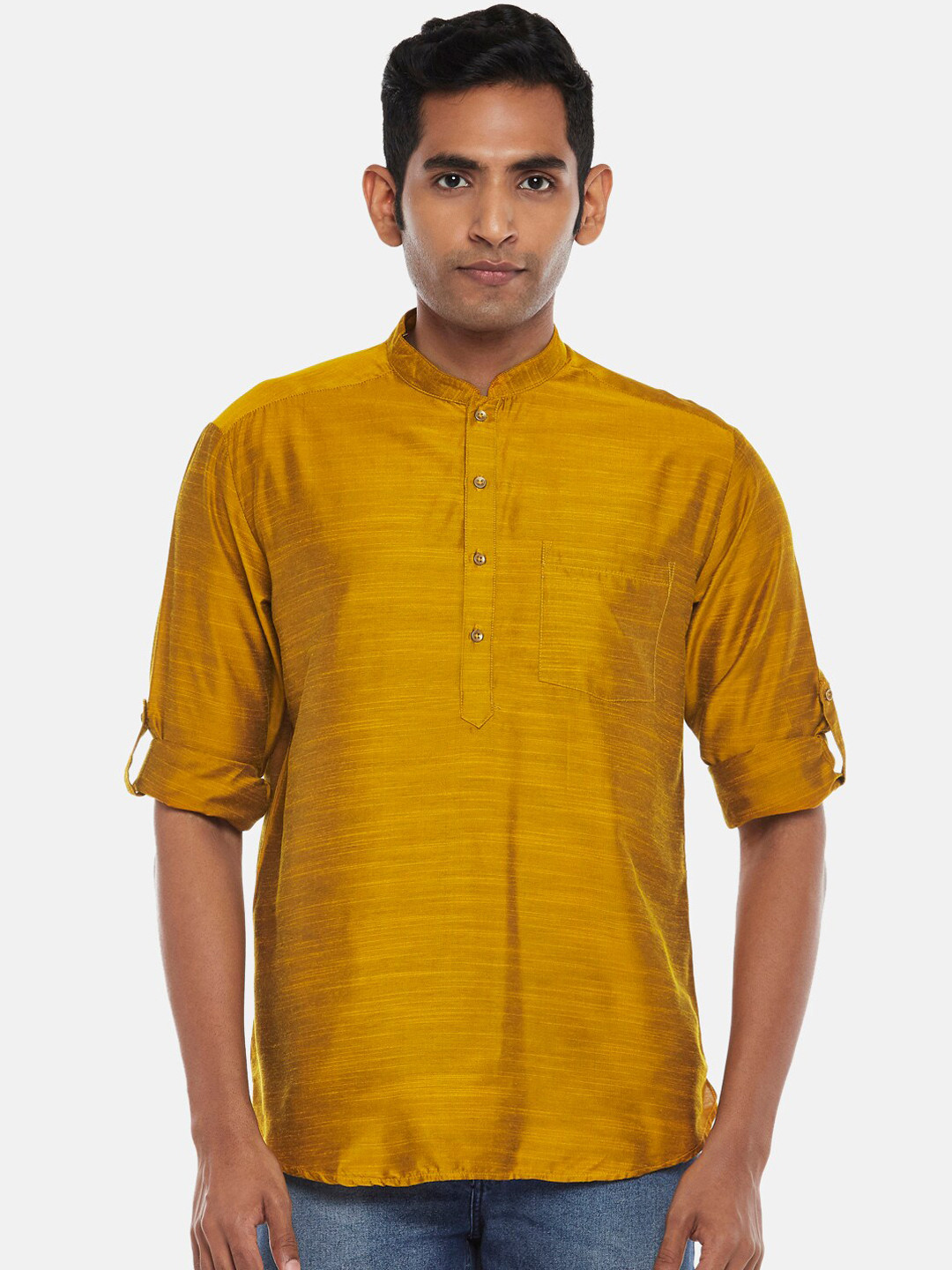 indus route by Pantaloons Mandarin Collar Roll-Up Sleeves Straight Kurta