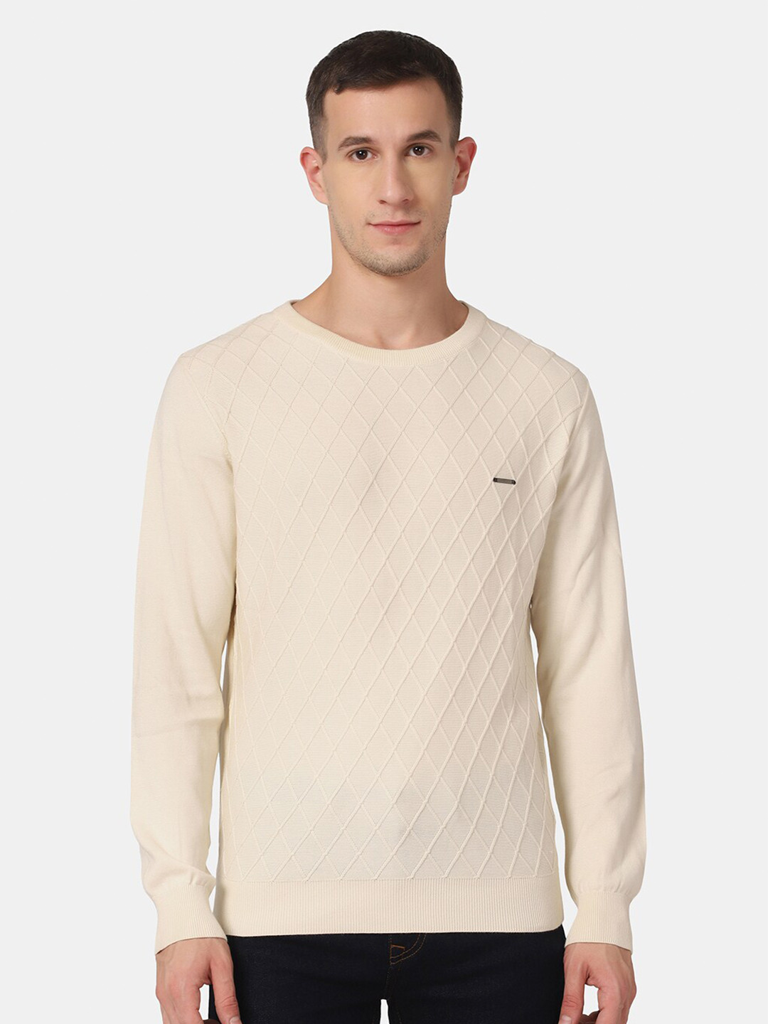 Blackberrys Men White Cotton Cable Knit Pullover