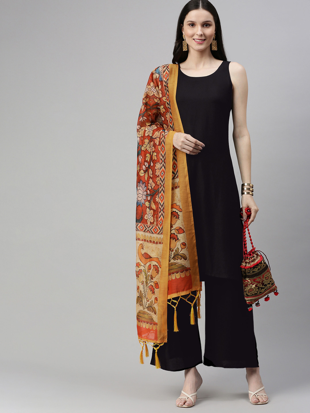 flaher Women Black Solid Kurta with Palazzos & Dupatta