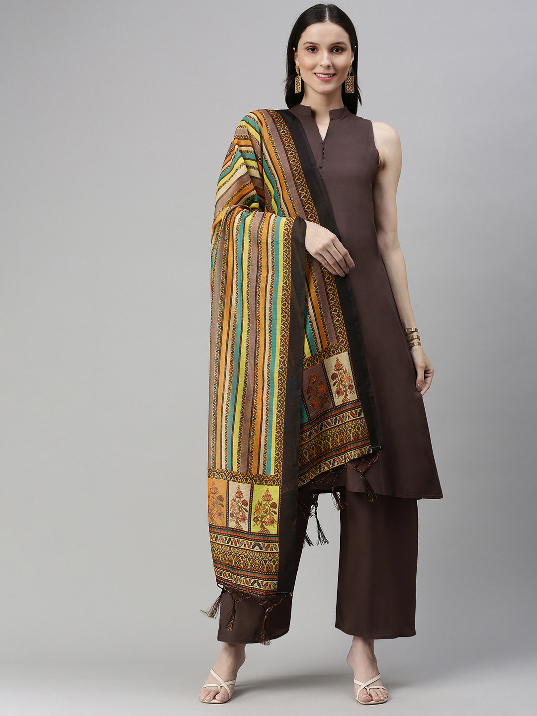 flaher Women Brown Solid Kurta with Palazzos & With Dupatta