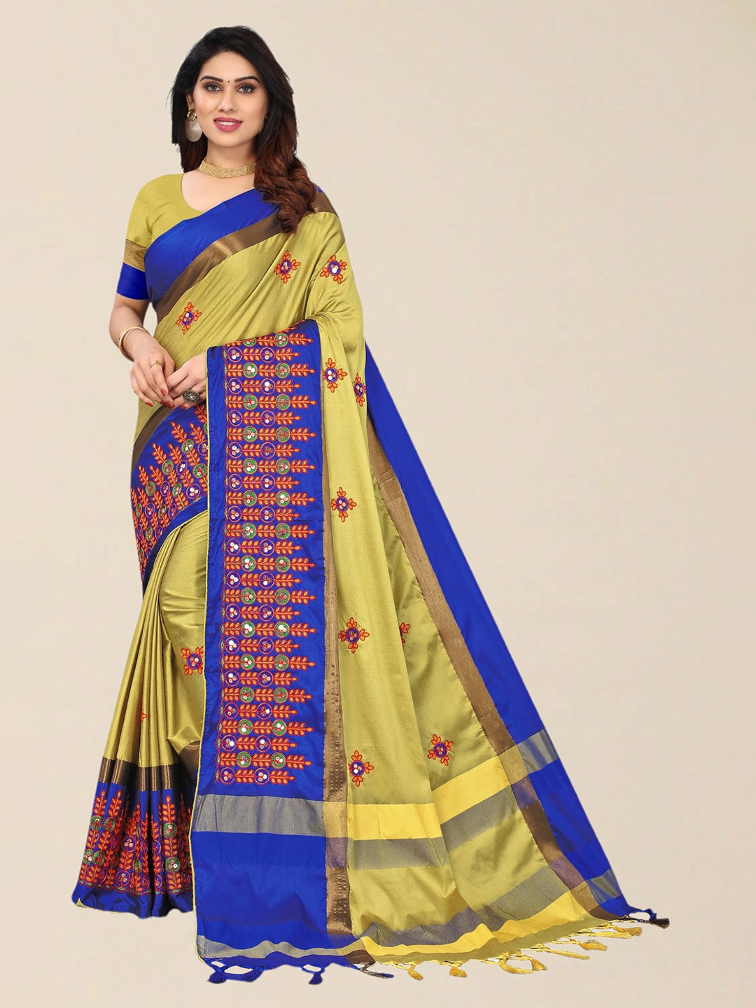 SERONA FABRICS Yellow & Blue Embroidered Silk Cotton Saree