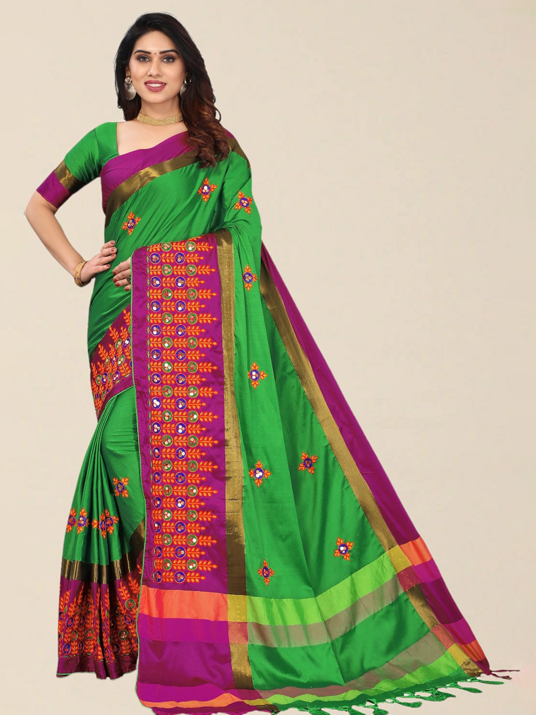 SERONA FABRICS Green & Pink Embroidered Silk Cotton Saree