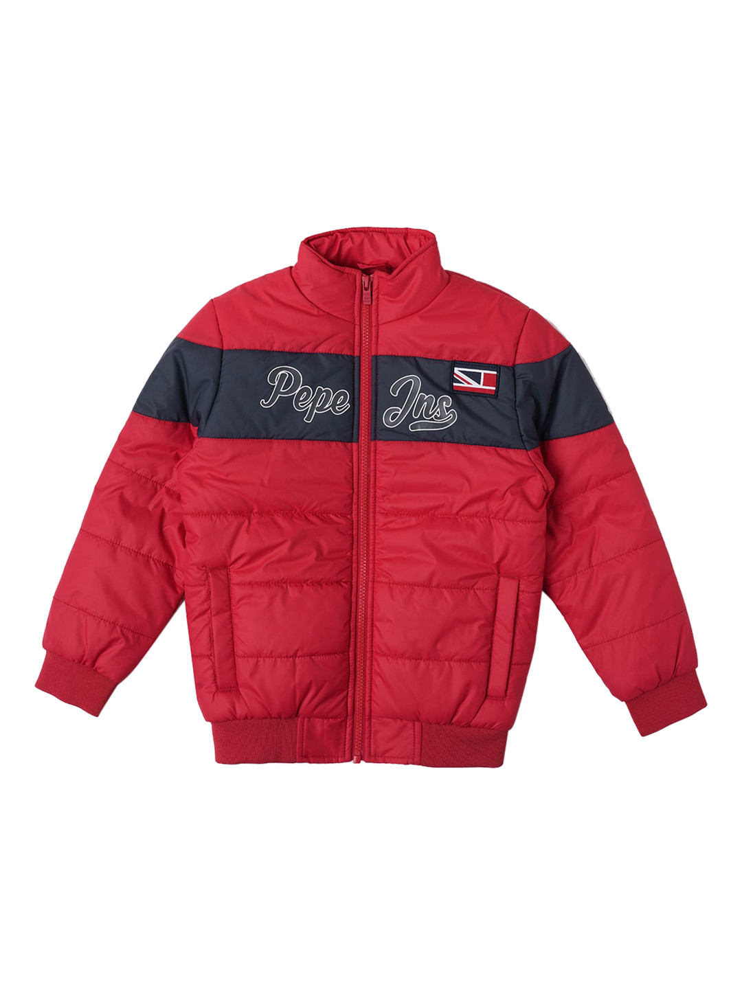 Pepe Jeans Boys Red Colourblocked Bomber with Patchwork Jacket