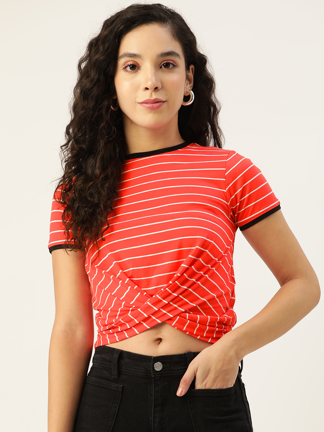 FEMEA Women Red & White Pure Cotton Striped Twisted Crop Top