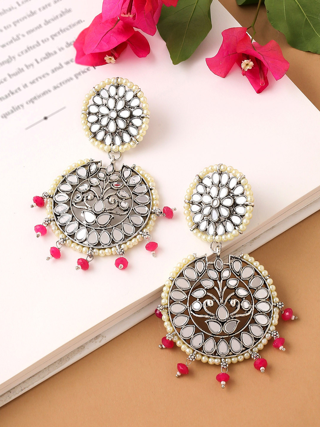 Yellow Chimes Silver-Toned Long Mirror Studded Pearl Drop Dangler Earrings