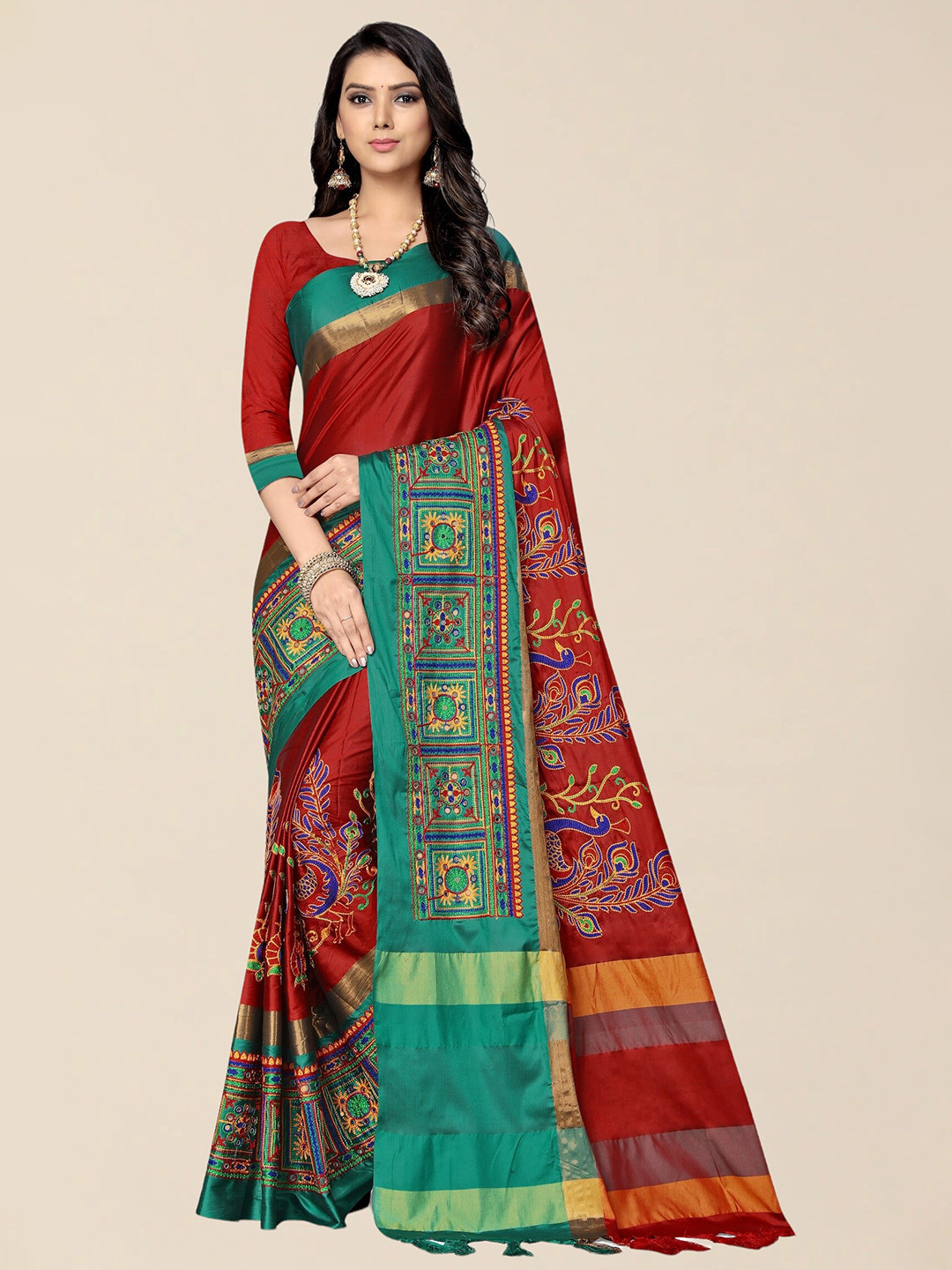 SERONA FABRICS Red & Green Embellished Embroidered Silk Cotton Saree With Blouse Piece