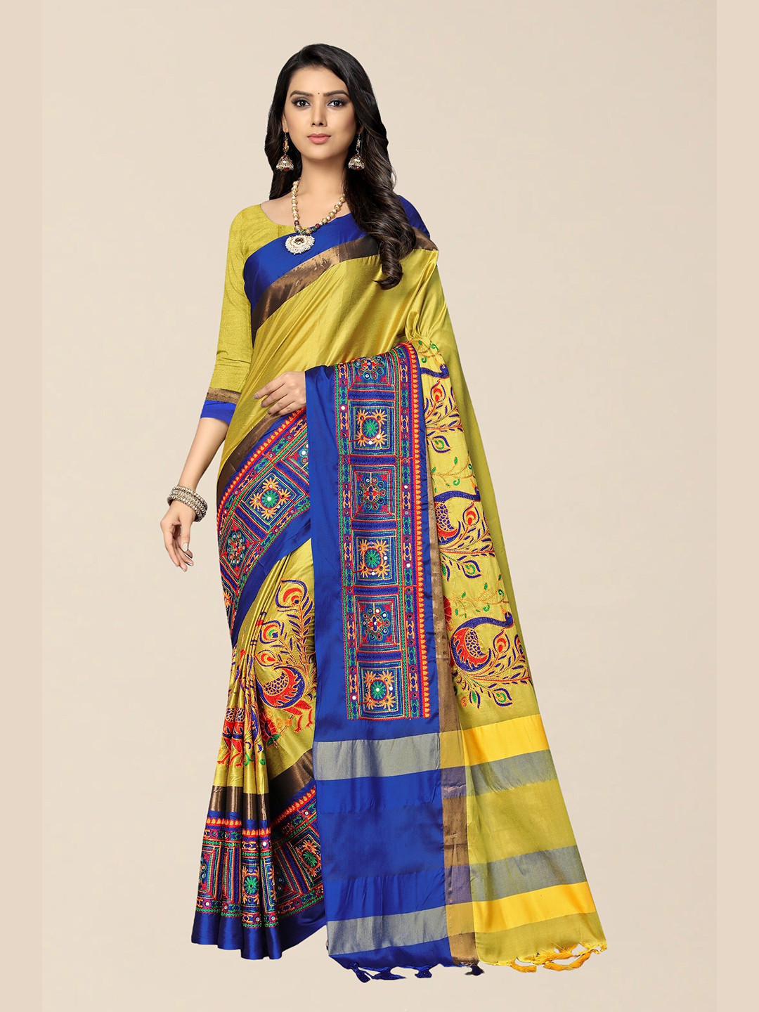 SERONA FABRICS Yellow & Blue Ethnic Motifs Embroidered Silk Cotton Saree With Blouse Piece