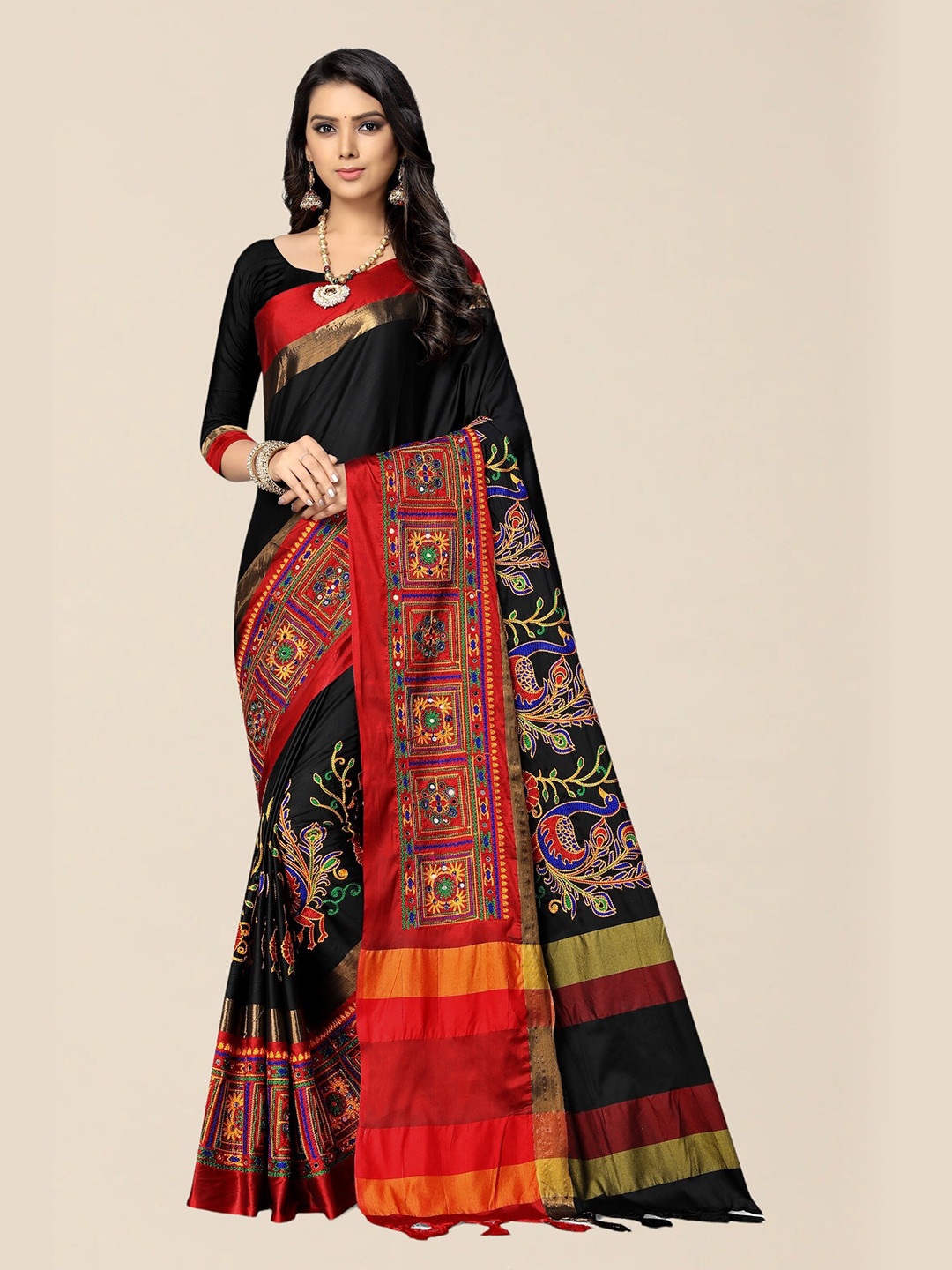 SERONA FABRICS Black & Red Embellished Embroidered Silk Cotton Saree With Blouse Piece