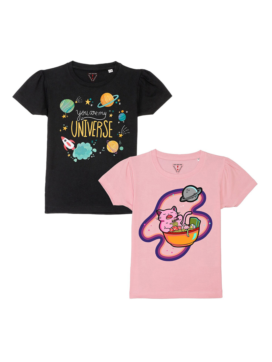 Wear Your Mind Pack of 2 Girls Black & Pink Printed Cotton T-shirt