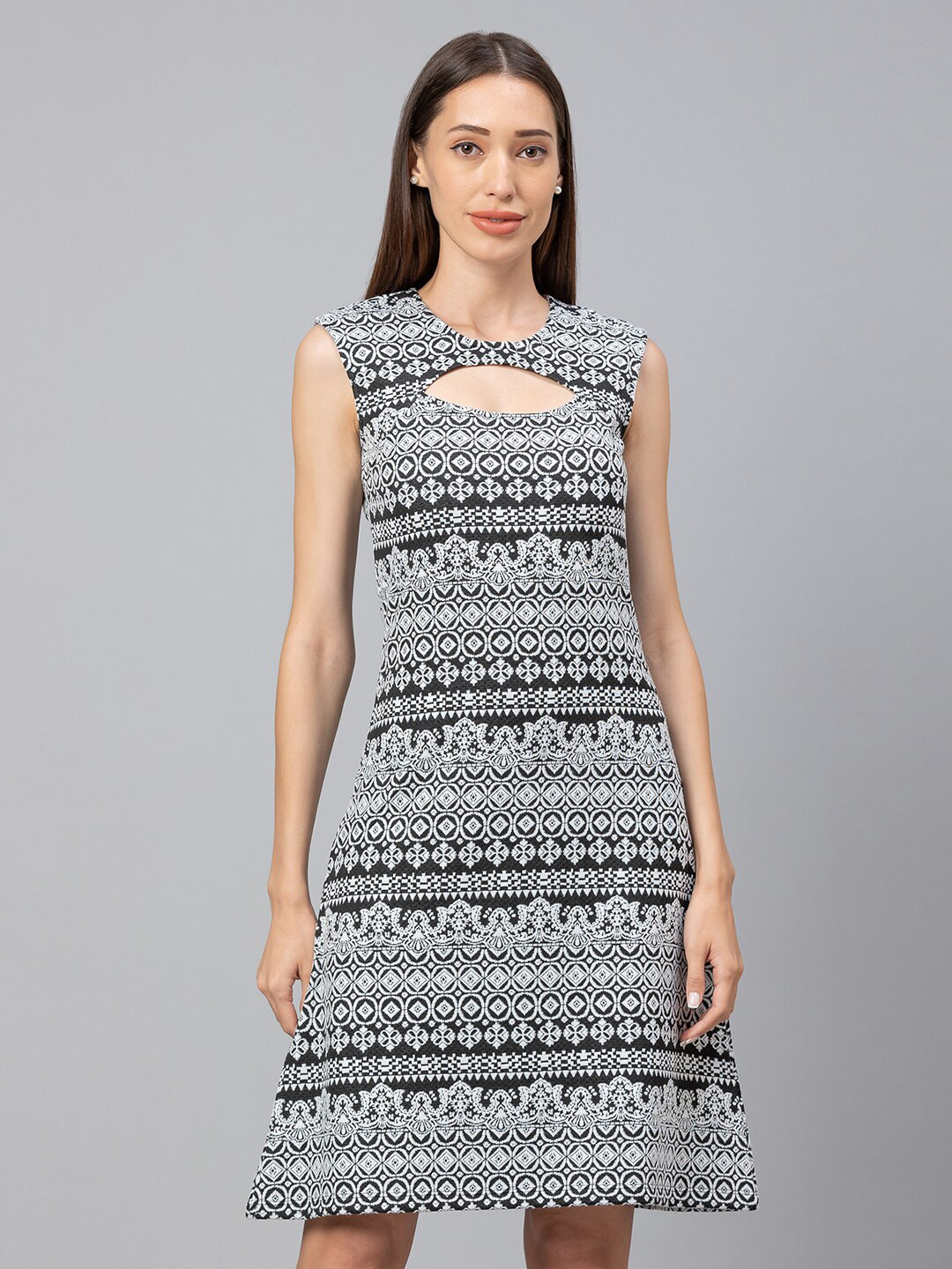 Globus Black & Grey Tribal Keyhole Printed  Neck A-Line Dress