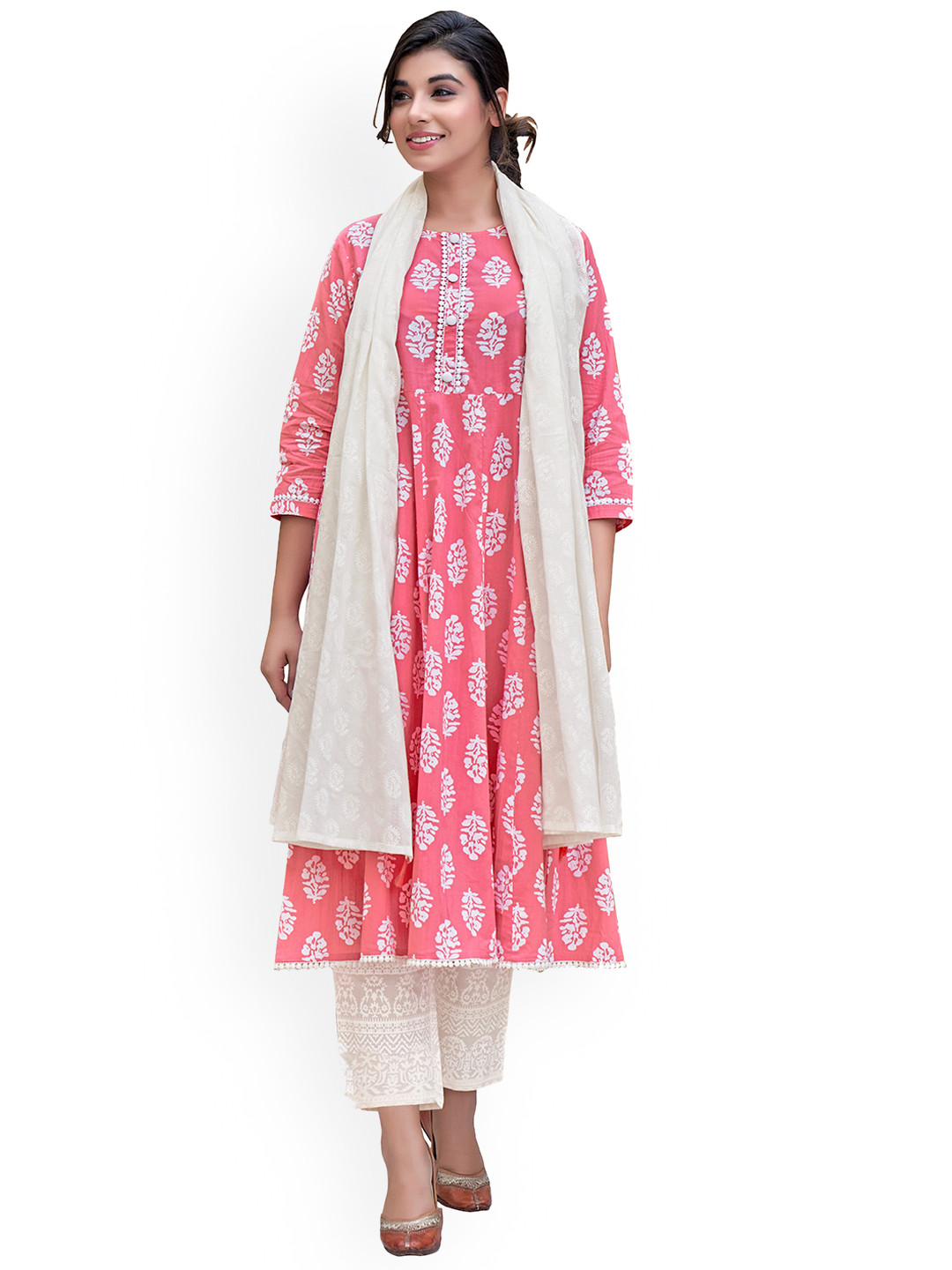 NH KAPDEWALA Women Pink Ethnic Motifs Panelled Pure Cotton Kurta Pant & Dupatta Set