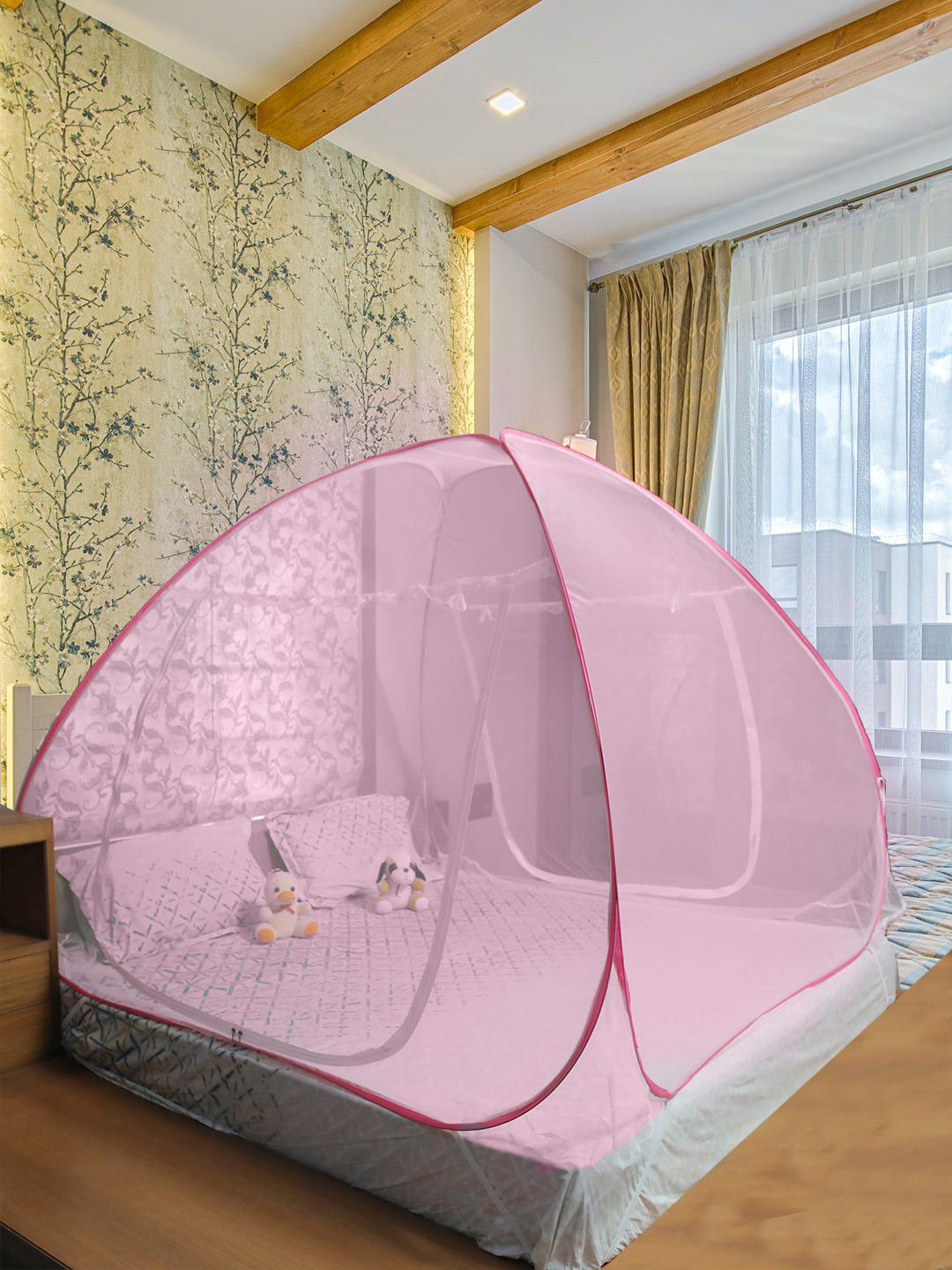 ALCIONO Pink Solid King Size Foldable Mosquito Nets