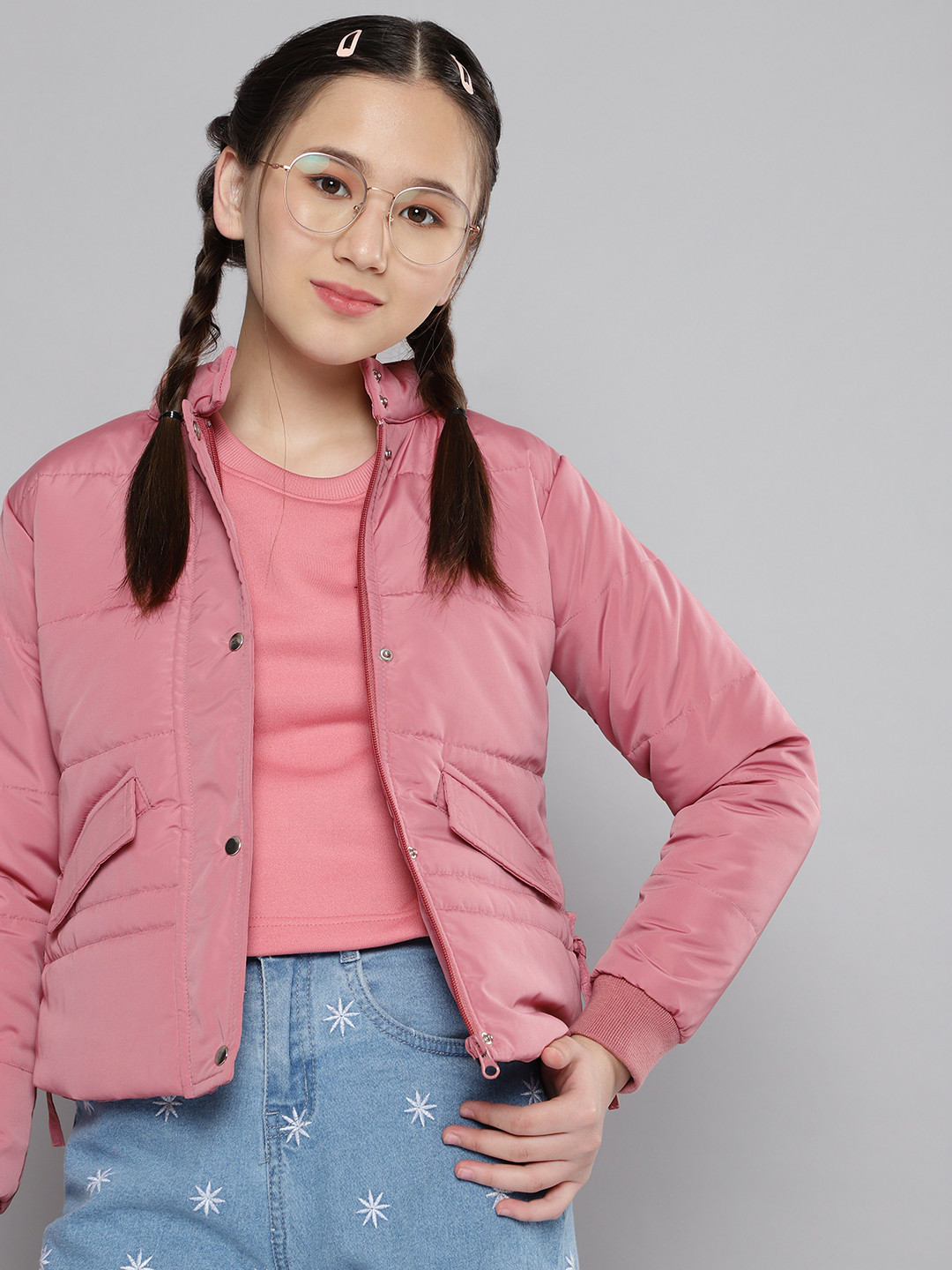M&H Juniors Girls Dusty Pink Solid Padded Jacket