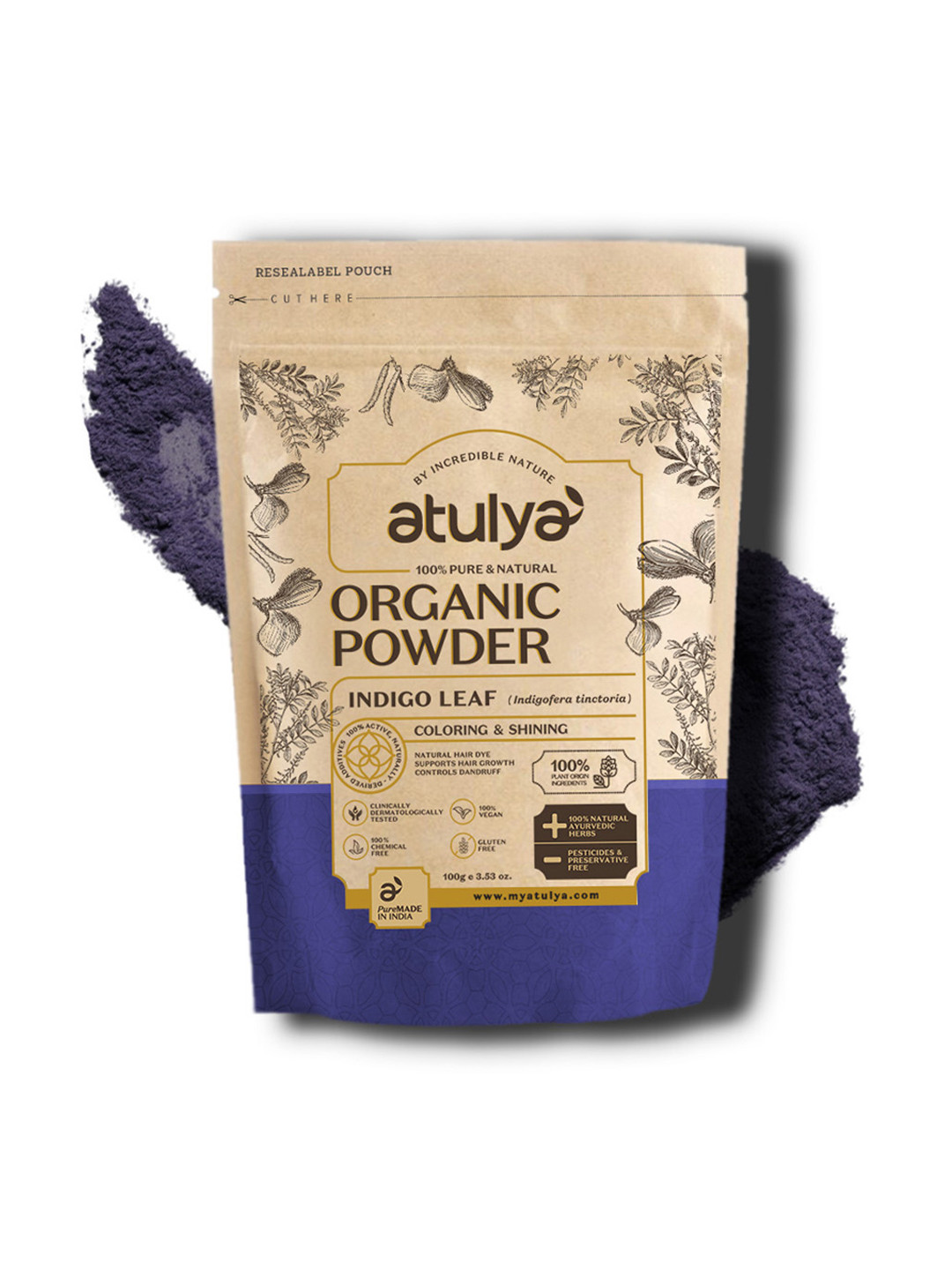 Atulya 100% Pure & Natural Indigo Leaf Organic Powder for Coloring & Shine - 100 g