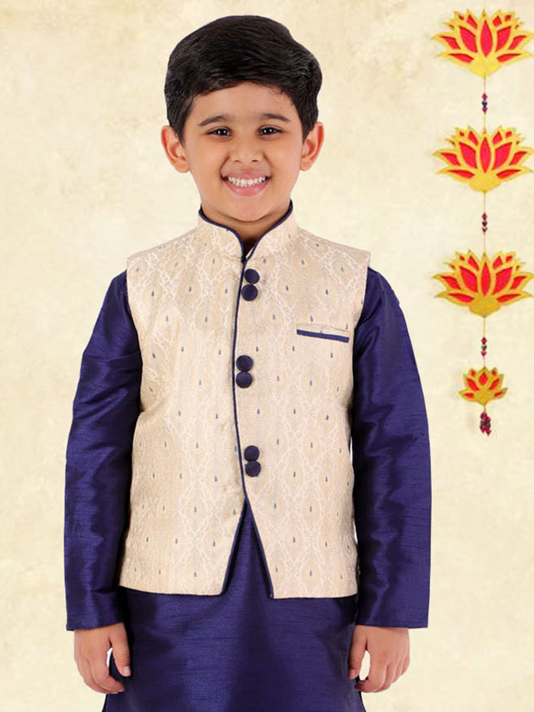 YK Boys Navy Blue & Beige Ethnic Motif Woven Design Nehru Jacket