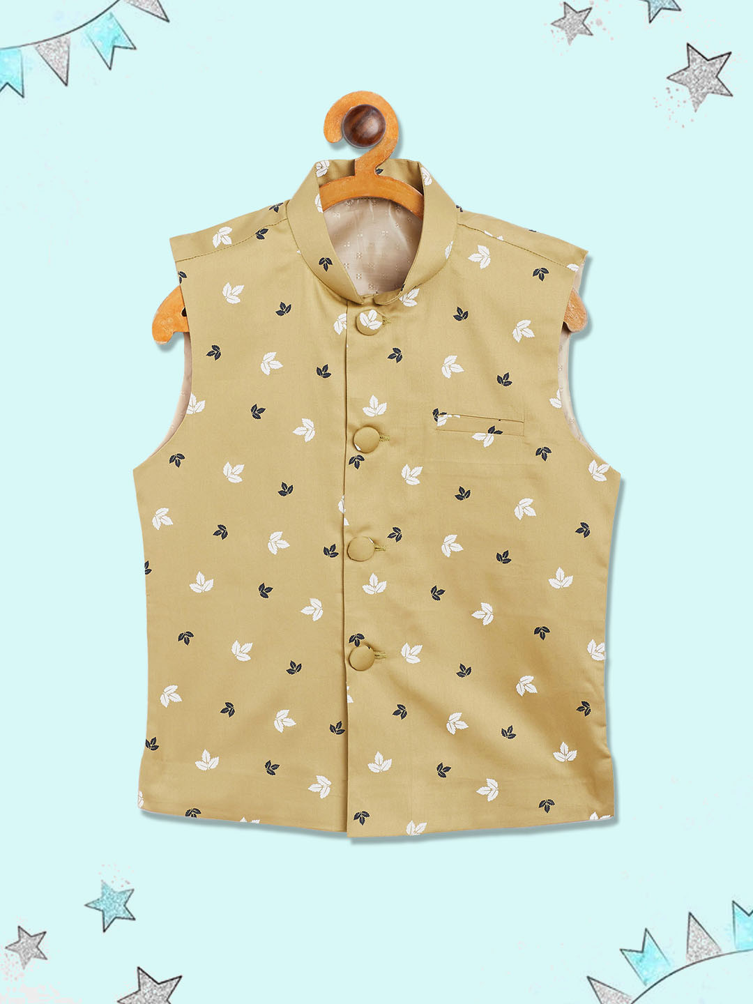 YK Boys Beige Colored Motif Printed Nehru Jacket
