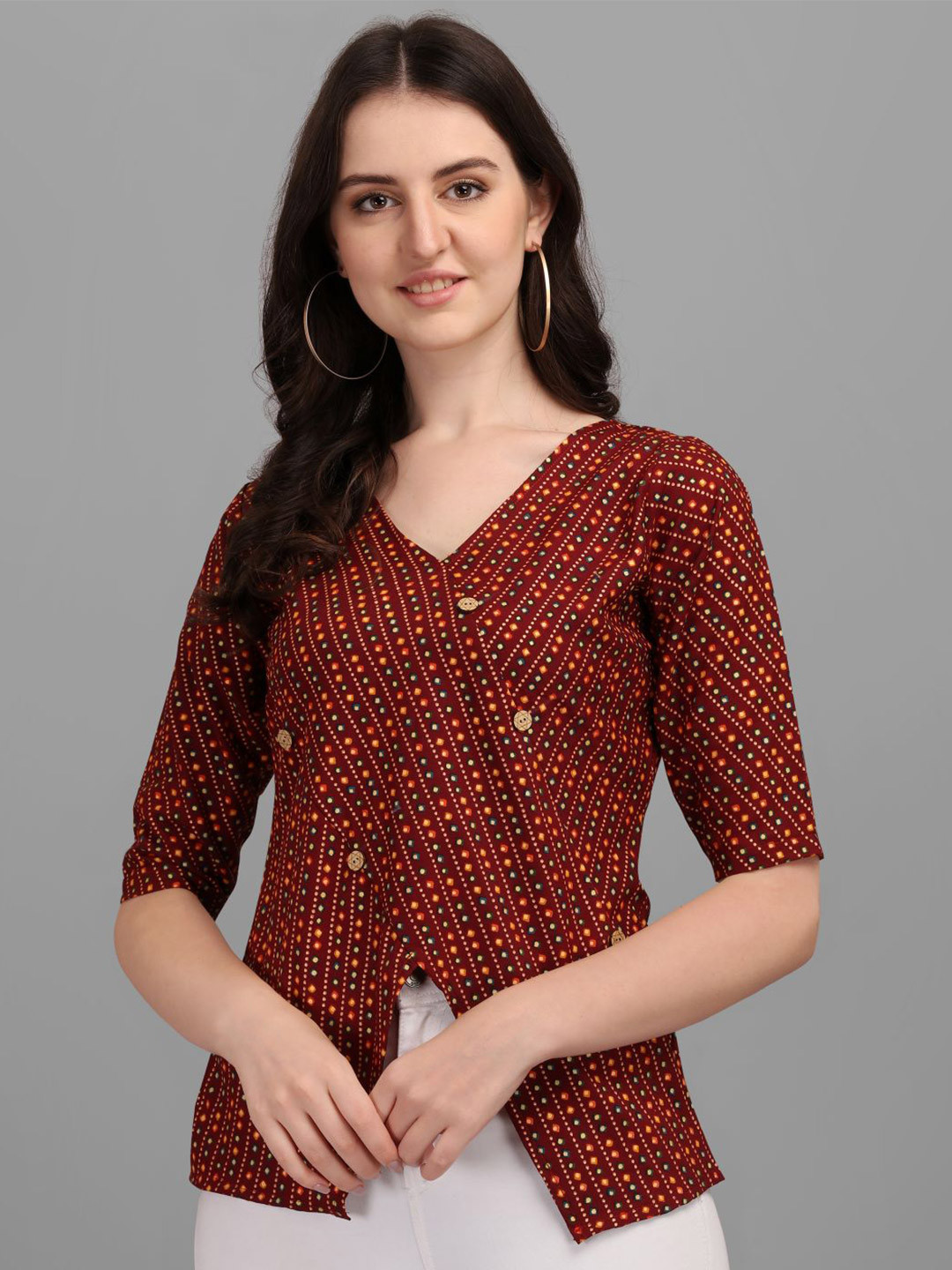 GUFRINA Women Maroon Geometric Printed Wrap Top