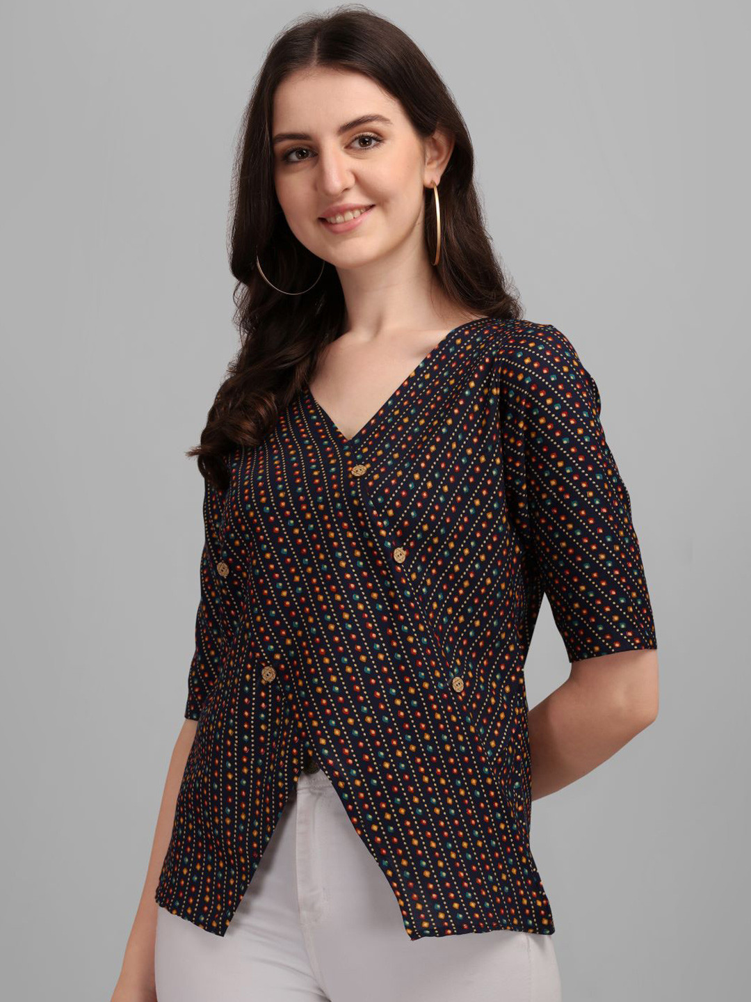 GUFRINA Women Navy Blue & Yellow Bandhani Print Wrap Top