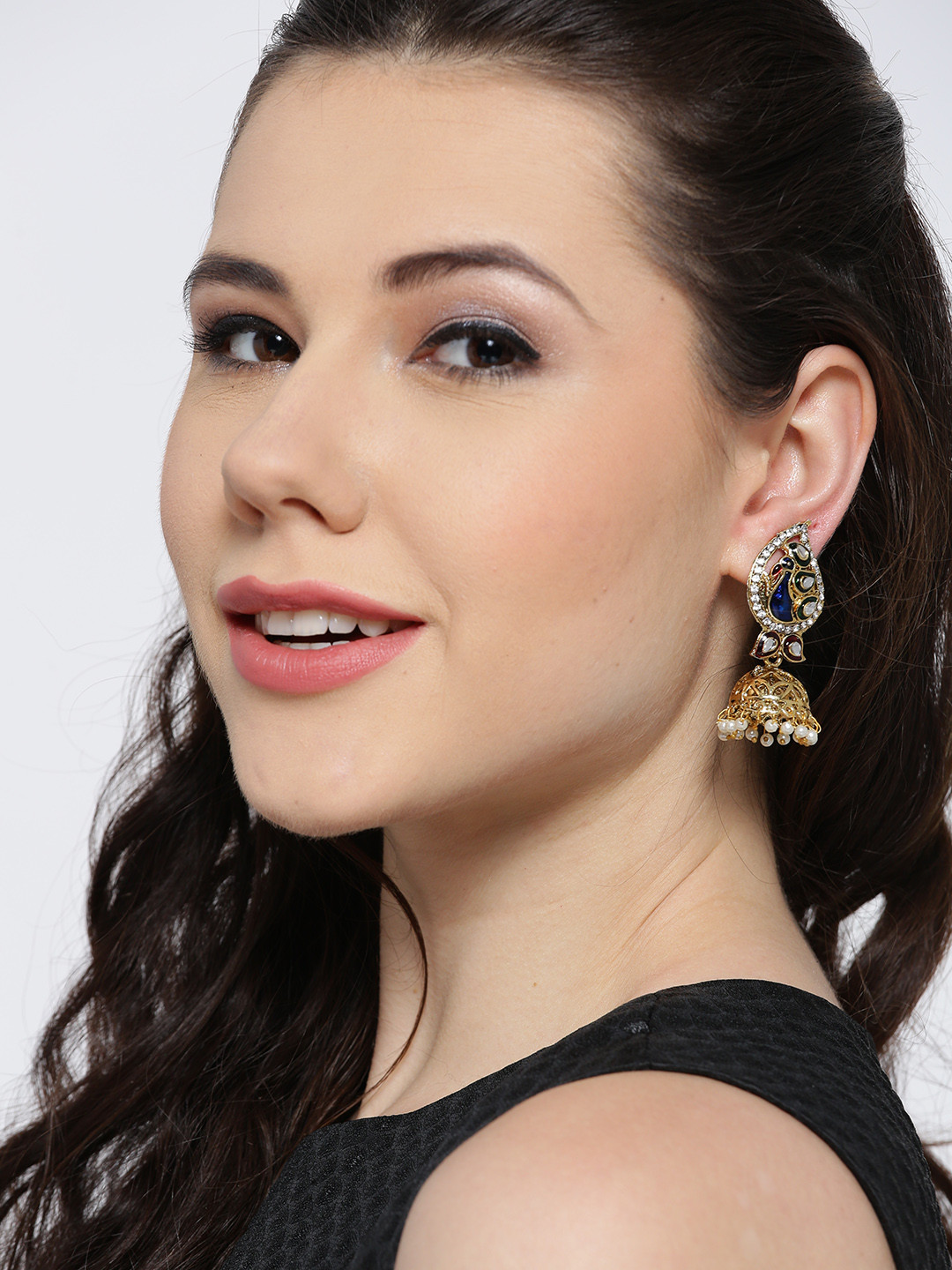 YouBella Gold-Toned & Blue Peacock-Shaped Jhumkas