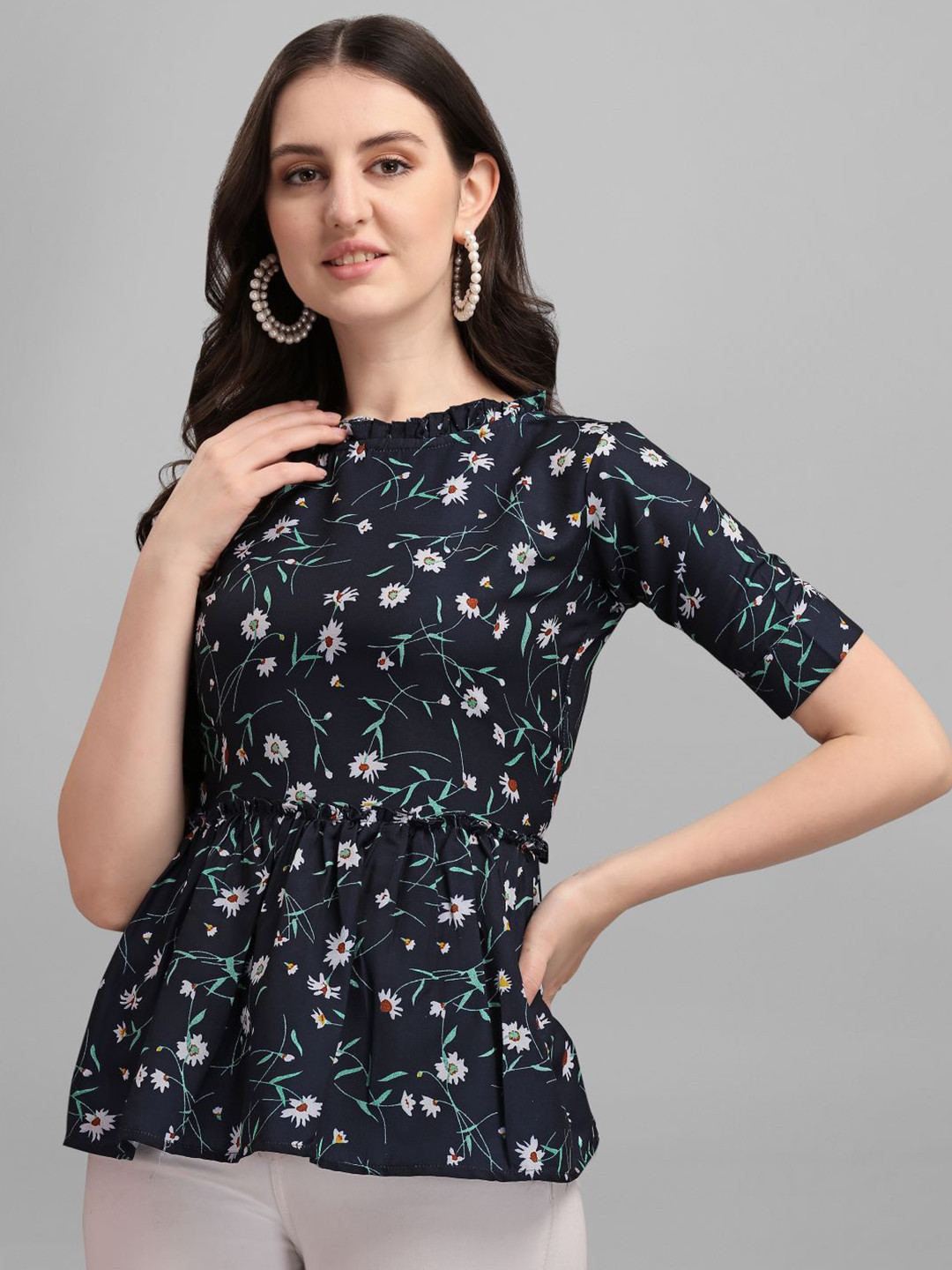 GUFRINA Women Black & White Floral Print Roll-Up Sleeves Top