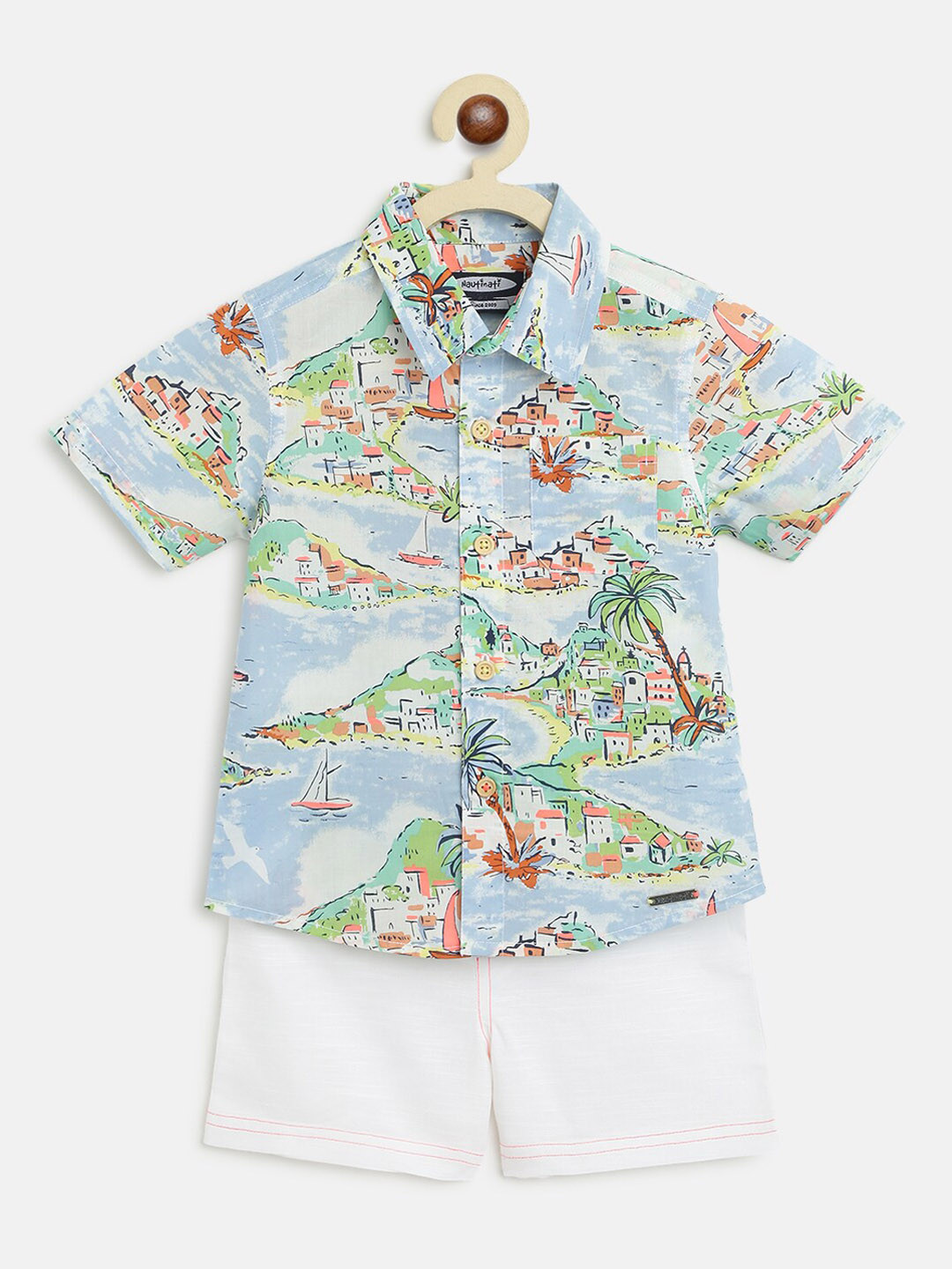 Nauti Nati Boys Blue & White Printed Pure Cotton Shirt with Shorts