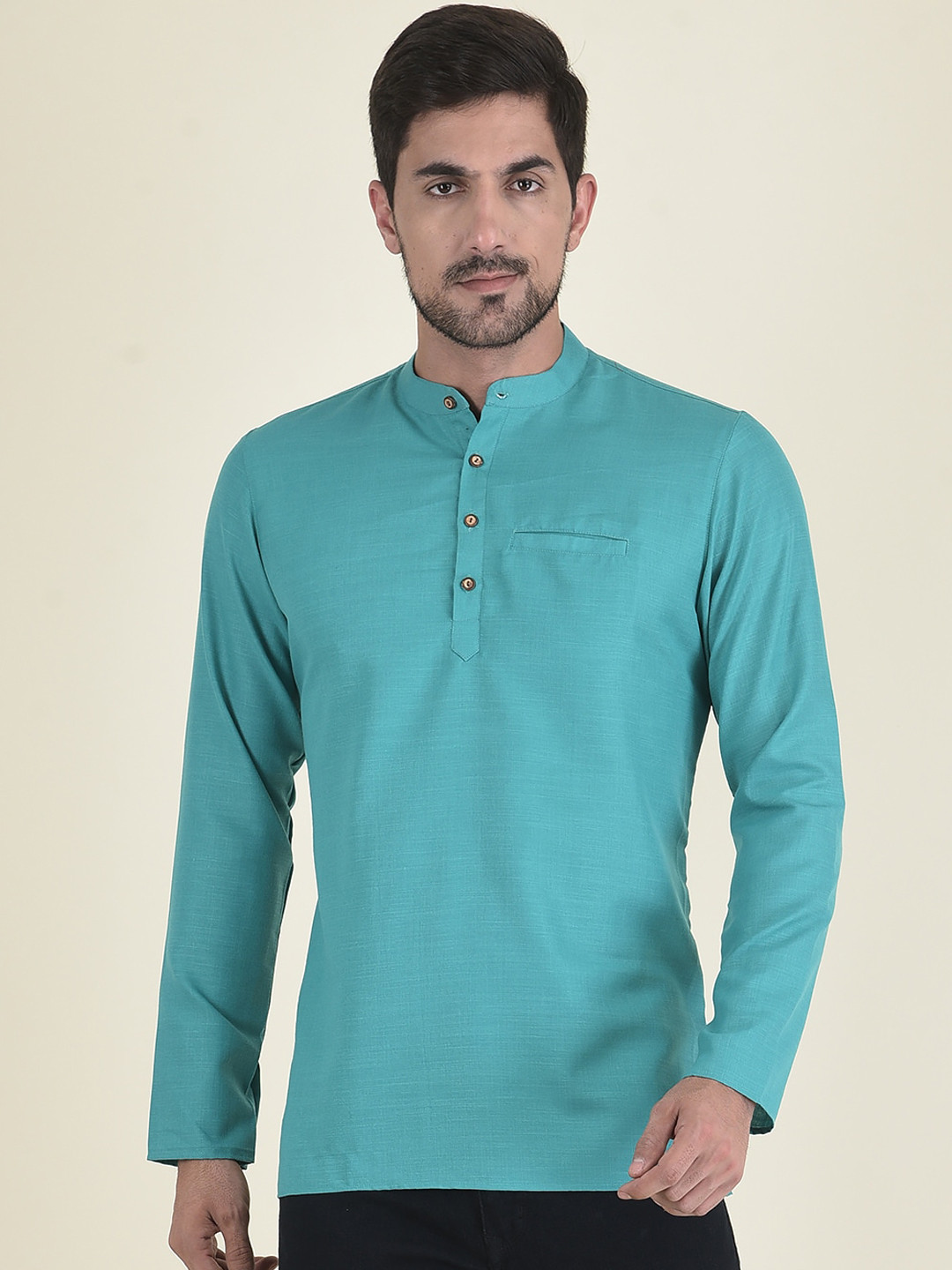 DEYANN Men Blue Solid Cotton Silk Kurta