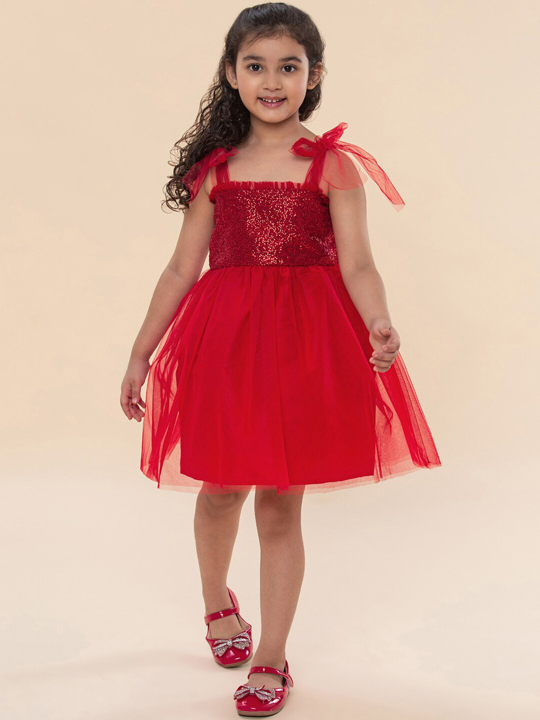 A T U N Girls Red Sequins Embellished Tie-Up Dress