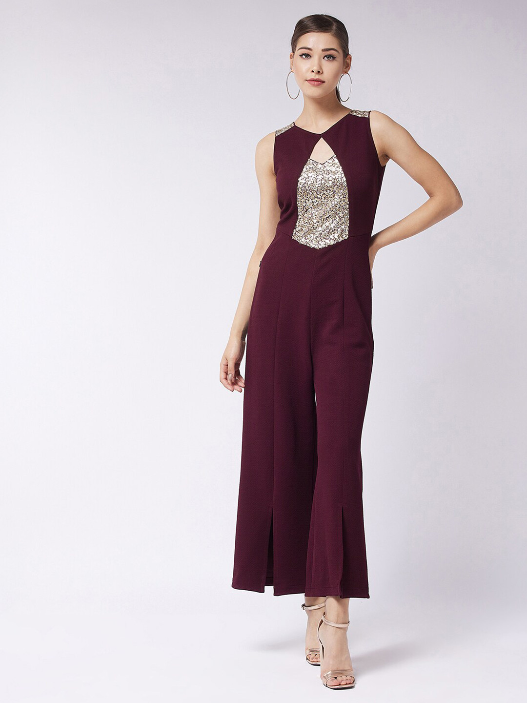 Miss Chase Maroon & Gold-Toned Basic Jumpsuit