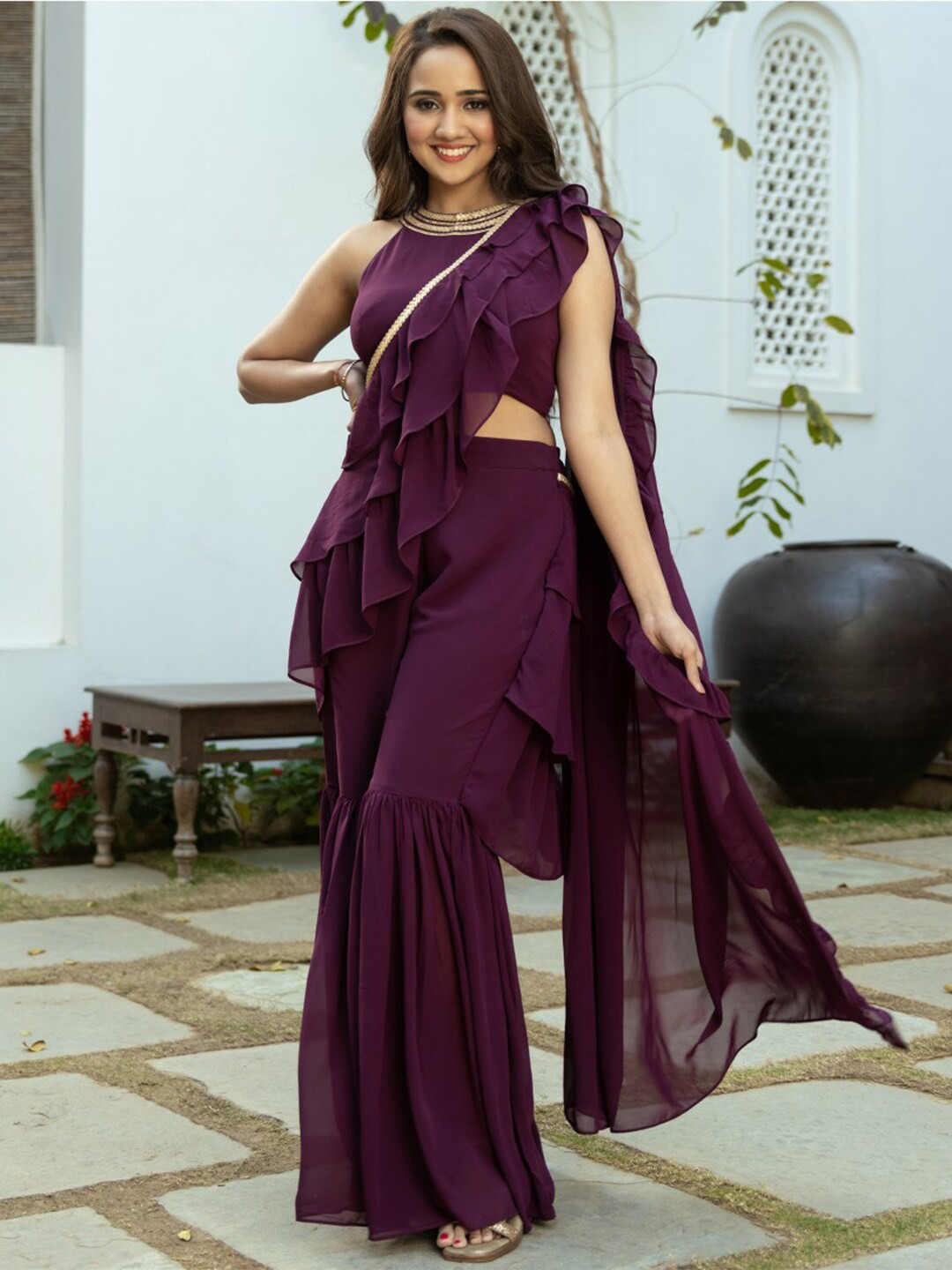 Lavanya The Label Purple Georgette Sharara Saree