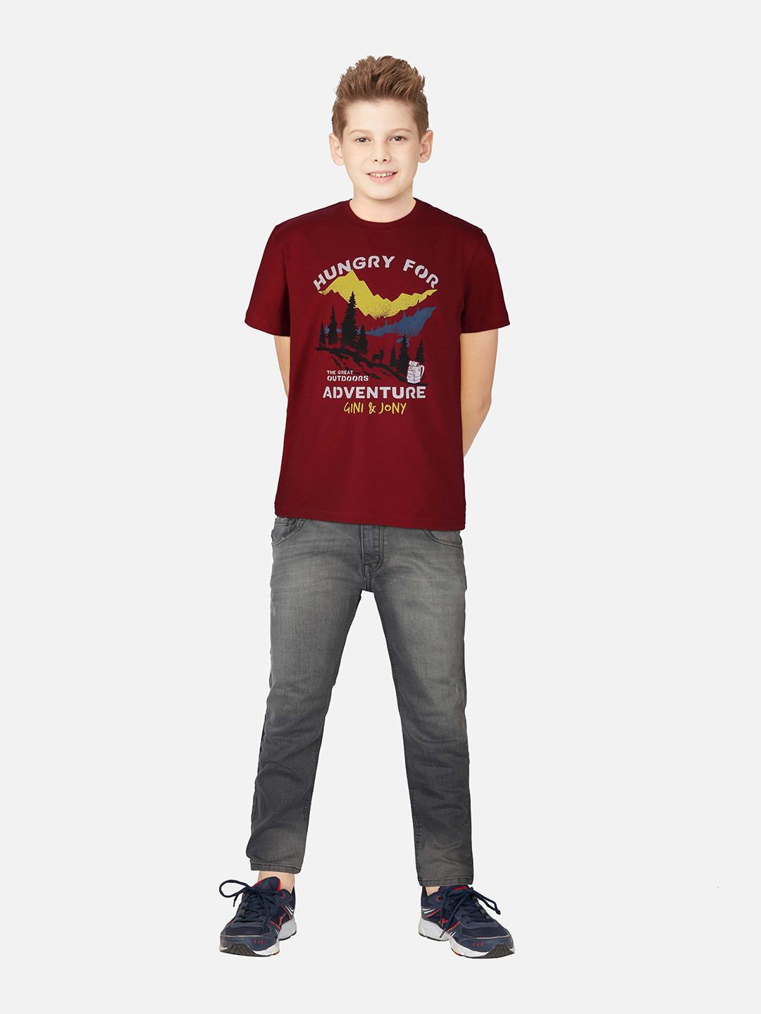 Gini and Jony Boys Red & Yellow Typography Printed T-shirt