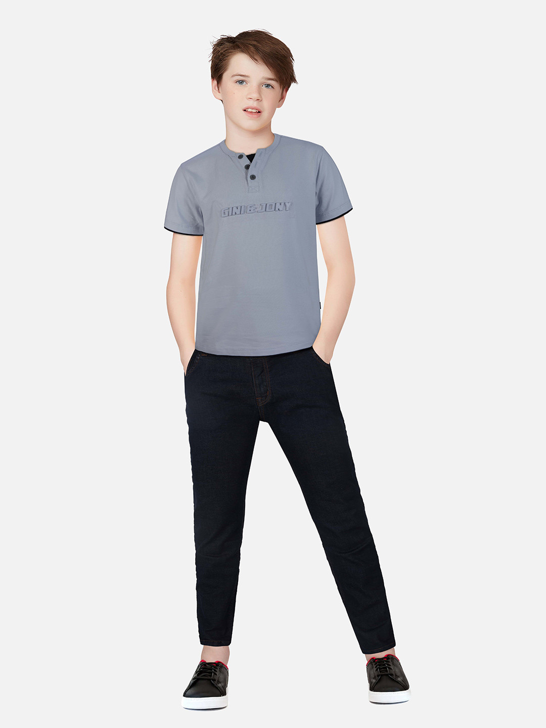 Gini and Jony Boys Grey & Black Typography Henley Neck T-shirt