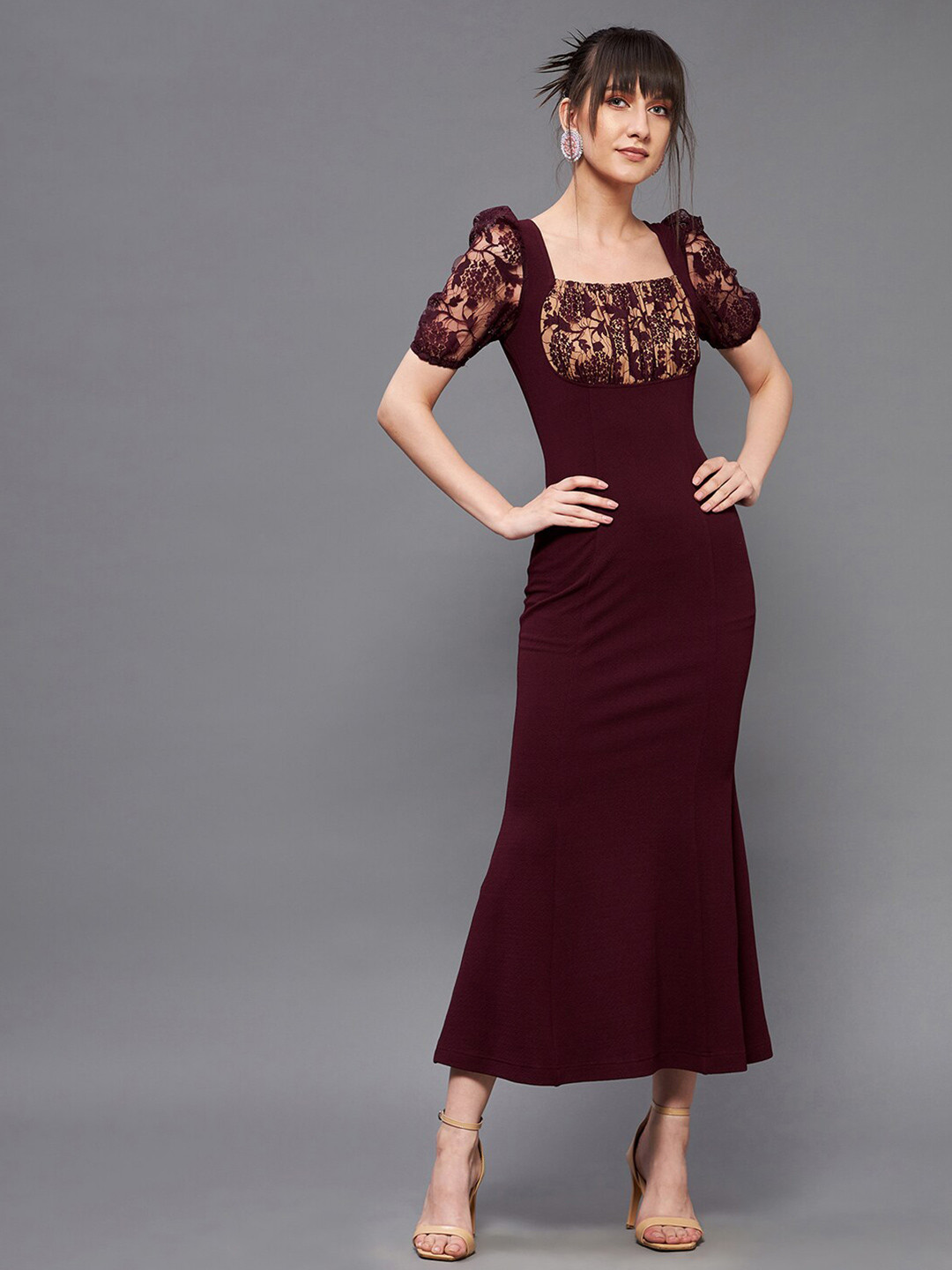 Miss Chase Wine Bodycon Midi Lace Dress