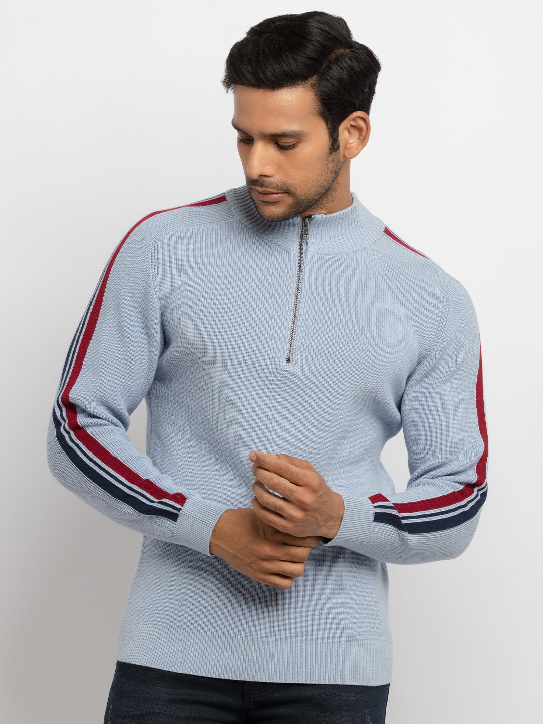 Status Quo Men Blue & Red Striped Mock Collar Sweater