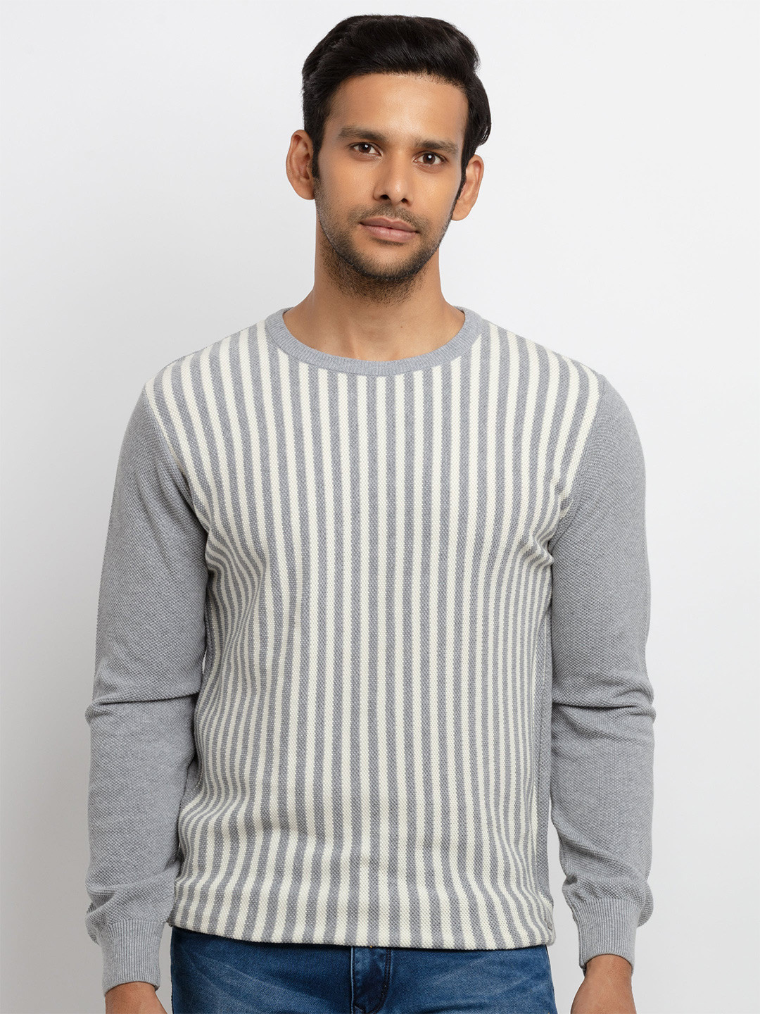 Status Quo Men Grey & Off White Striped Round Neck Sweater