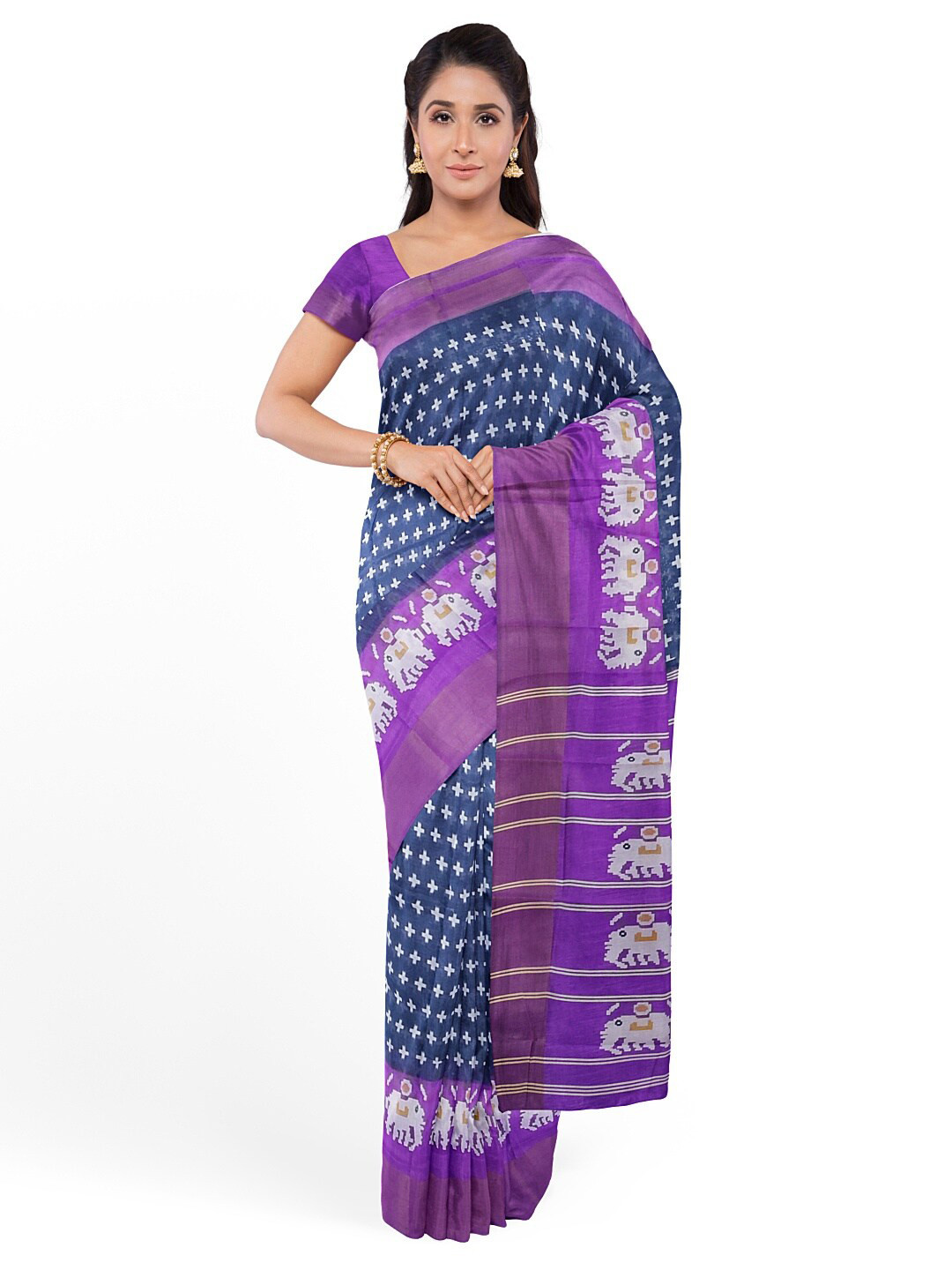 Florence Women Blue & Purple Kalamkari Printed Silk Blend Ready to Wear Bhagalpuri Saree