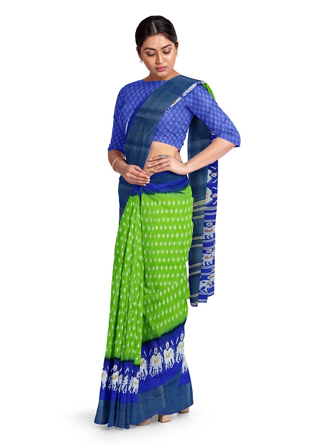 KALINI Women Green and Blue  Kalamkari Silk Blend  Bhagalpuri Saree