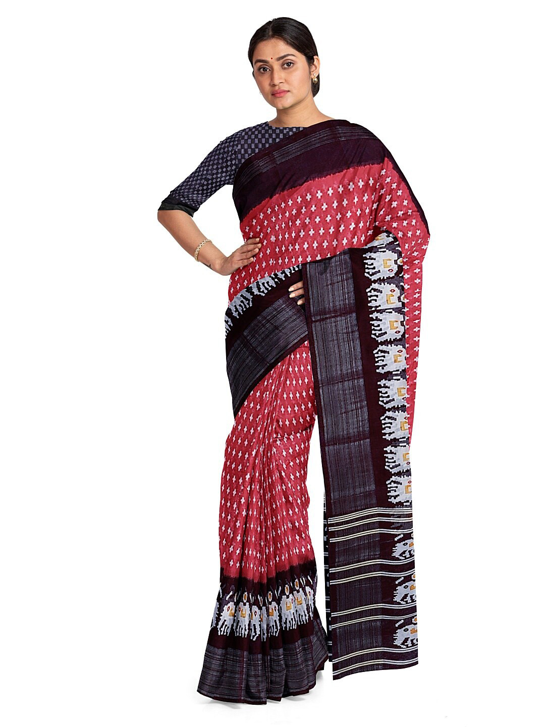 KALINI Peach & Black Kalamkari Bhagalpuri Saree