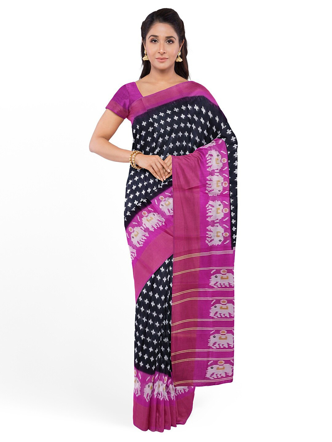 KALINI Women Black & Pink Kalamkari Silk Blend Bhagalpuri Saree