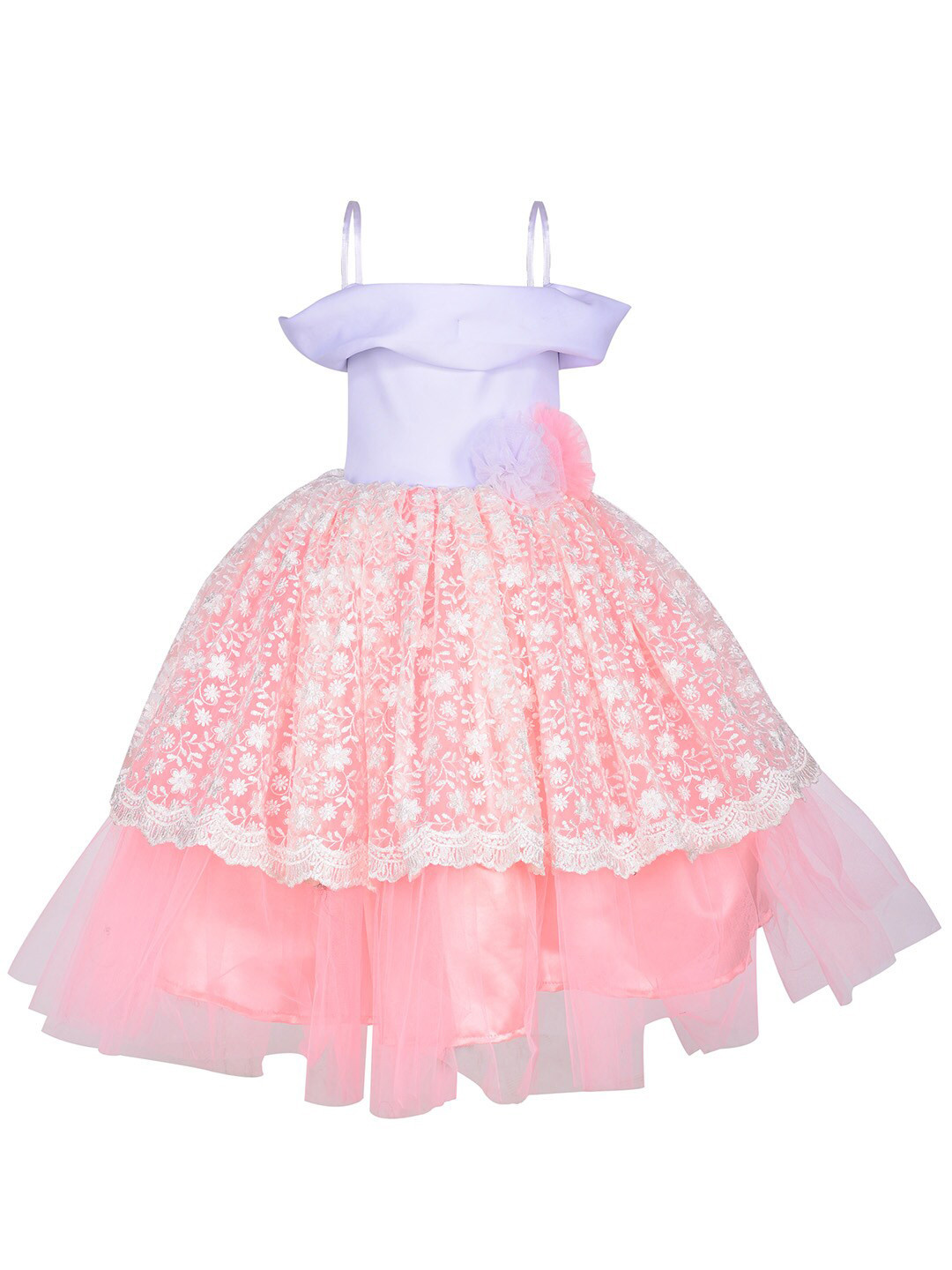 Samsara Couture Girls Peach-Coloured & White Floral Embroidered Fit and Flare Satin Dress