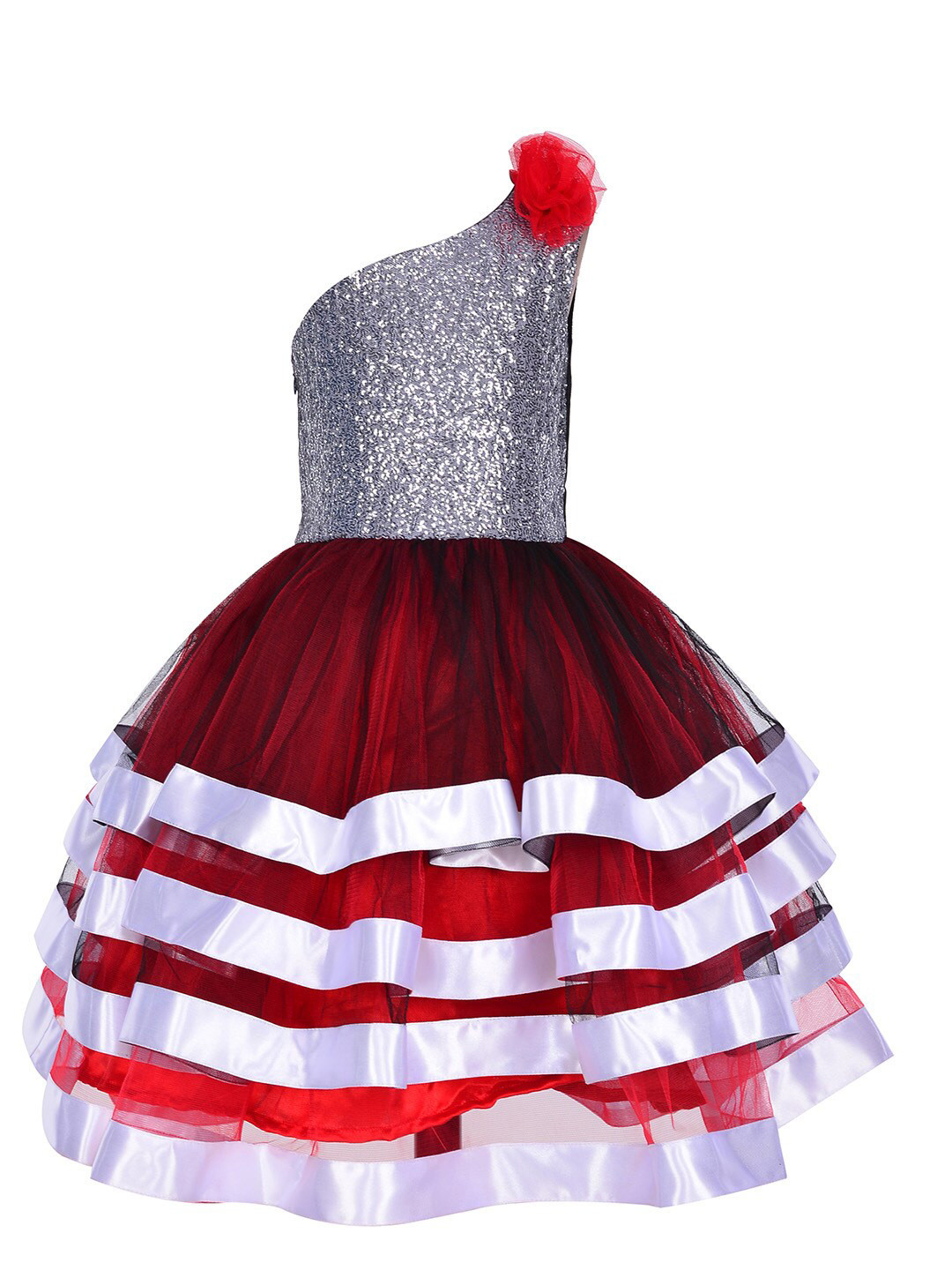 Samsara Couture Girls Maroon & White One Shoulder Layered Satin Gown