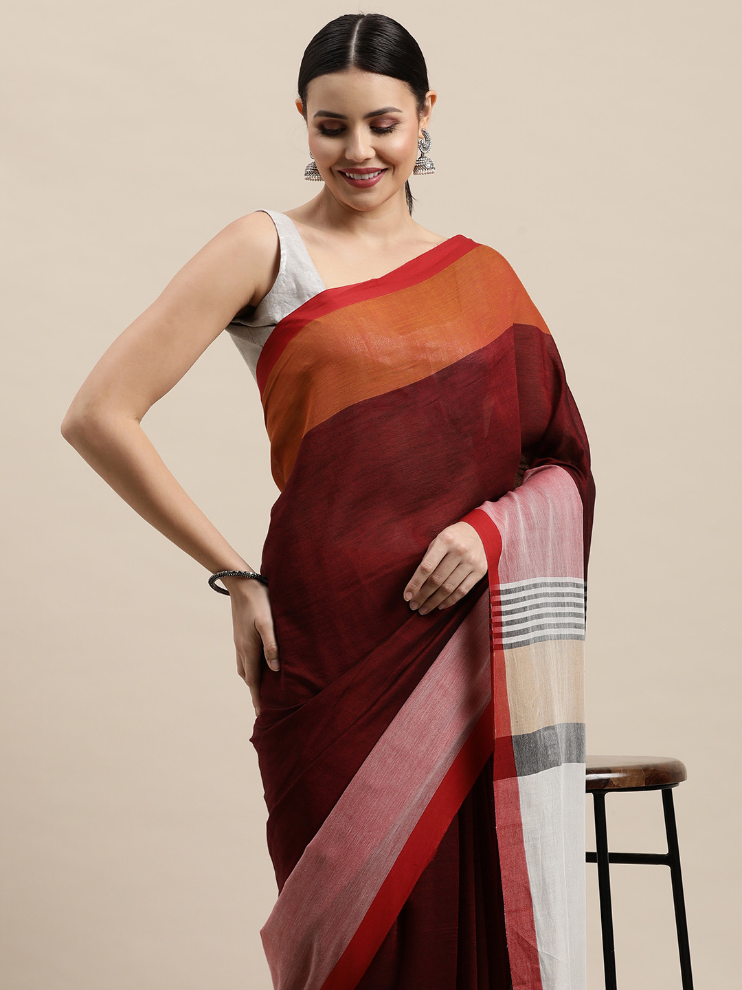 ArtEastri Maroon & Orange Colourblocked Pure Cotton Taant Saree