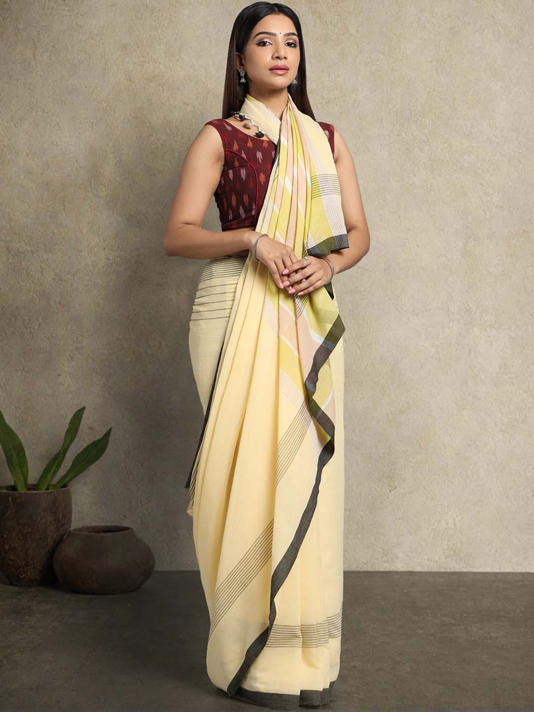 ArtEastri Beige & Lime Green Striped Pure Cotton Taant Saree