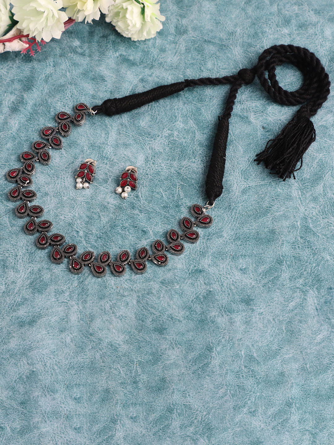 VENI Women Silver-Plated Red Ruby & AD Studded Choker Necklace with Earrings