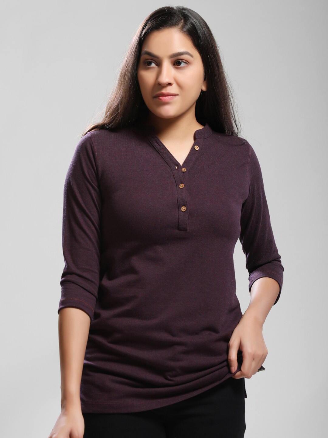 Dream of Glory Inc Women Mulberry Purple Solid Mandarin Collar Top