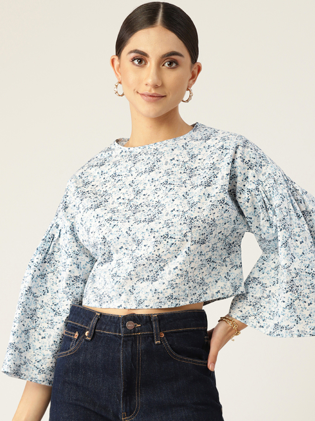 Rue Collection White & Blue Floral Print Cotton Crop Top