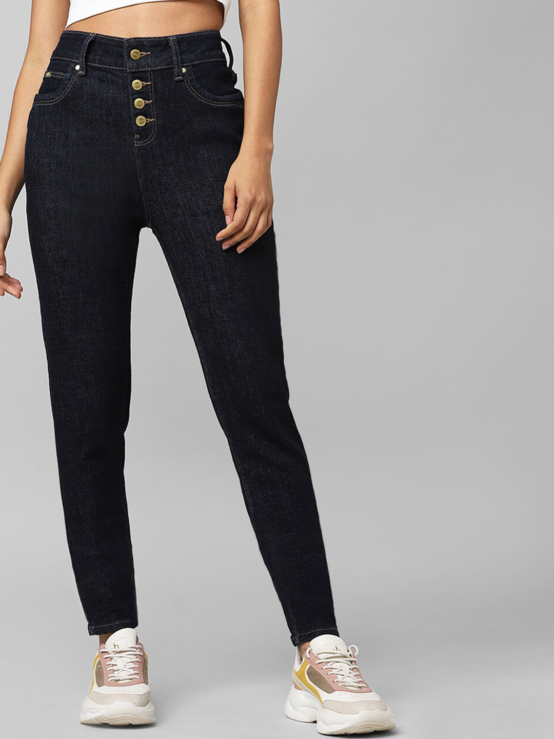 ONLY UNIQUE COLLECTION Women Navy Blue Skinny Fit High-Rise Low Distress Jeans